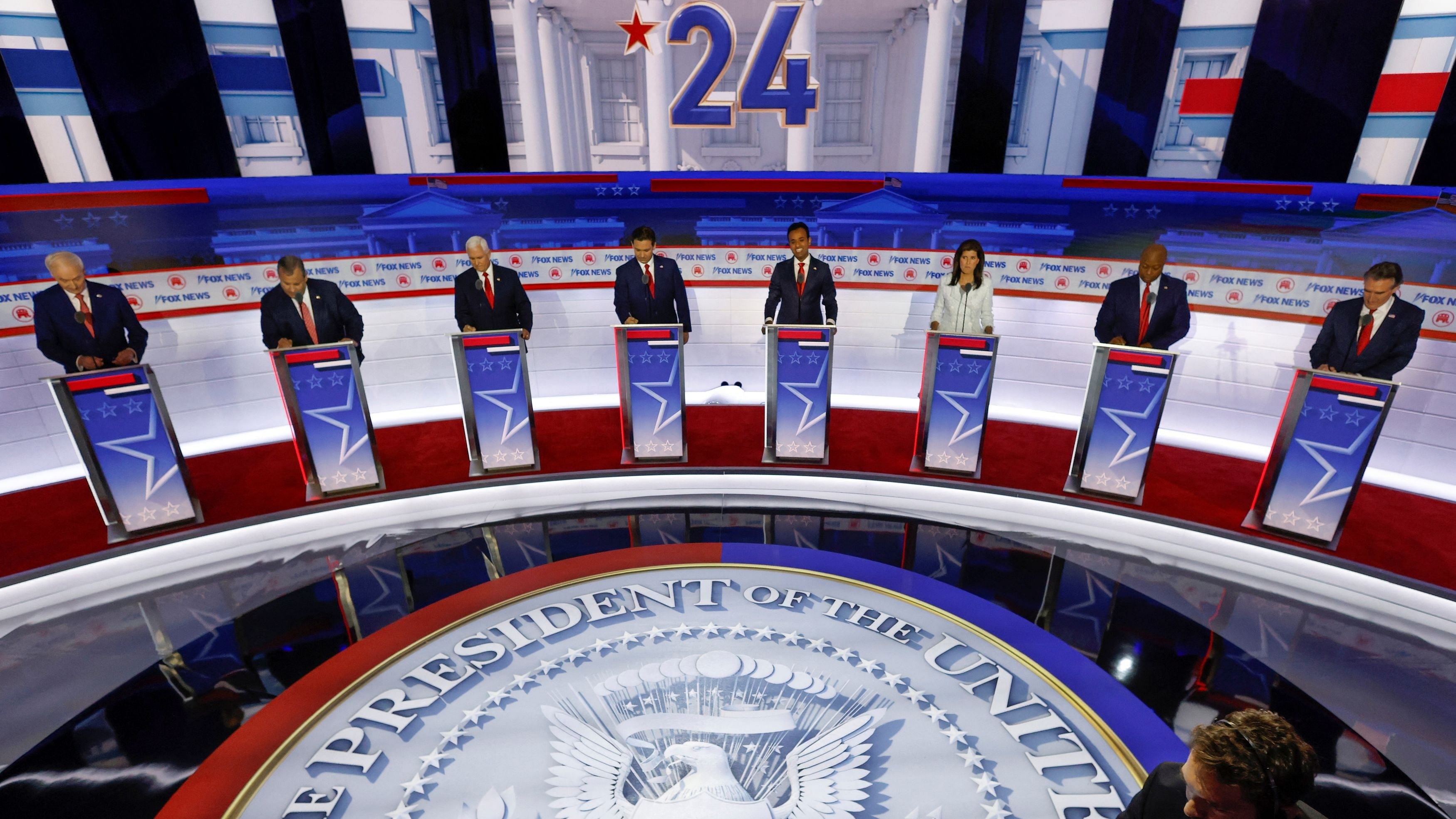 <div class="paragraphs"><p>Former Arkansas Governor Asa Hutchinson, former New Jersey Governor Chris Christie, former US Vice President Mike Pence, Florida Governor Ron DeSantis, businessman Vivek Ramaswamy at the first Republican candidates' debate of the 2024 US presidential campaign in US.</p></div>