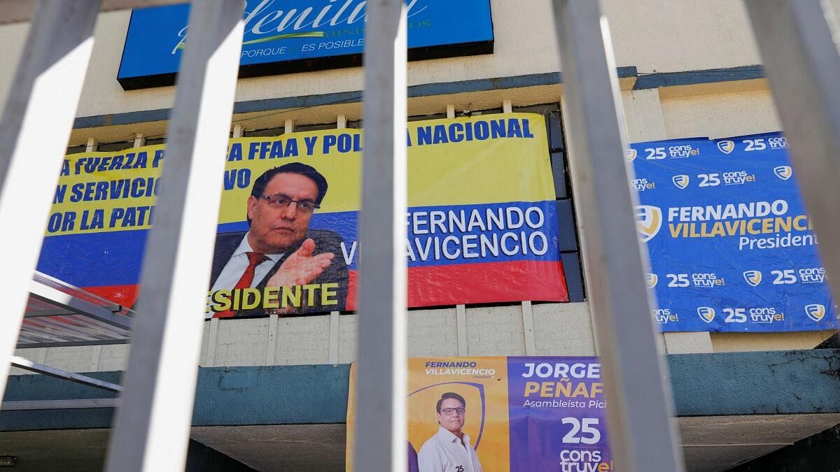 <div class="paragraphs"><p>Campaign posters are seen at the crime scene where Ecuadorean presidential candidate, Fernando Villavicencio, a vocal critic of corruption and organized crime, was killed during a campaign event in Quito, Ecuador.</p></div>