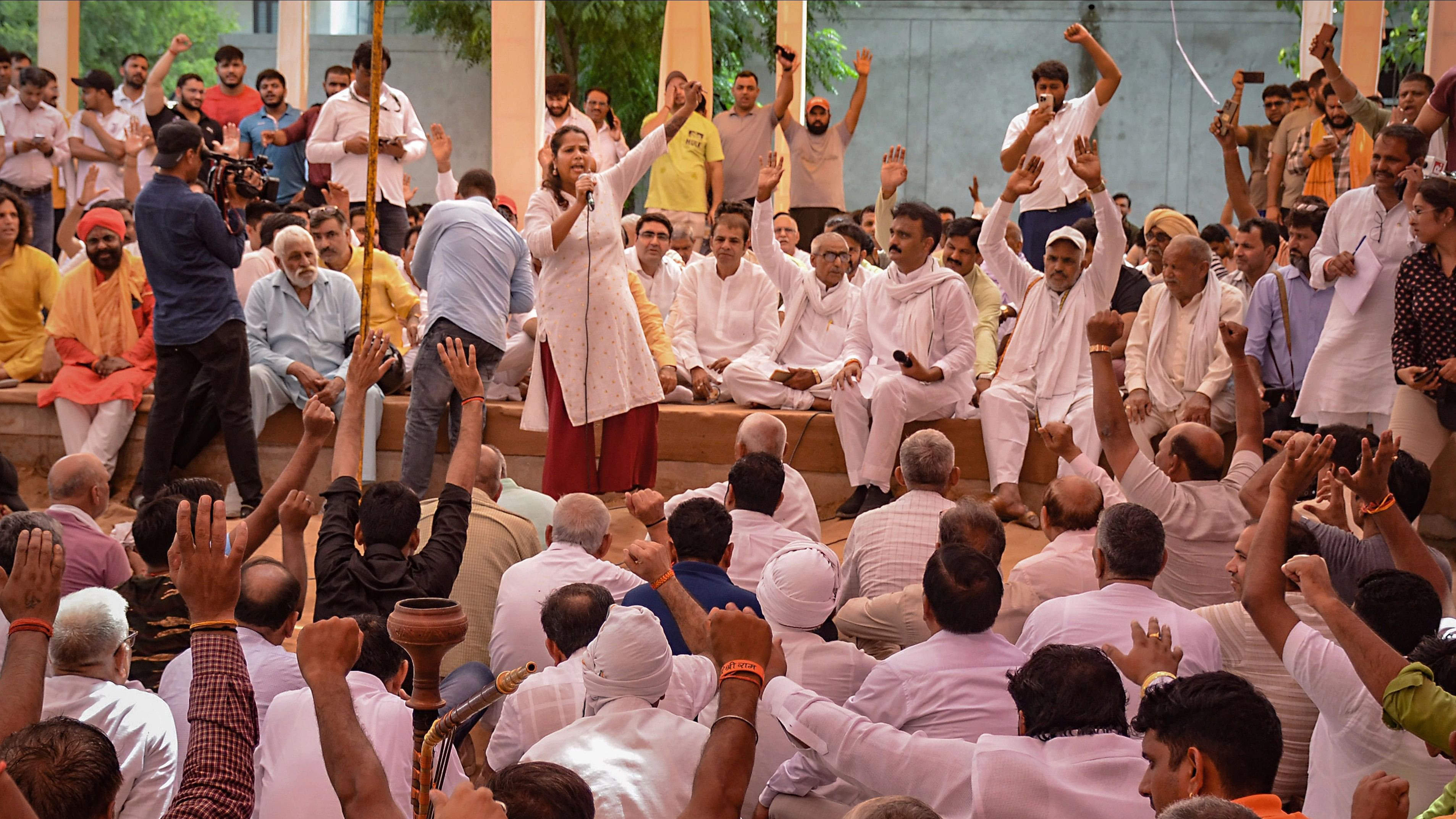 <div class="paragraphs"><p>Gurugram: Villagers during a mahapanchayat at Tighra village in the wake of the Nuh violence, in Gurugram, Sunday, Aug. 6, 2023. </p></div>