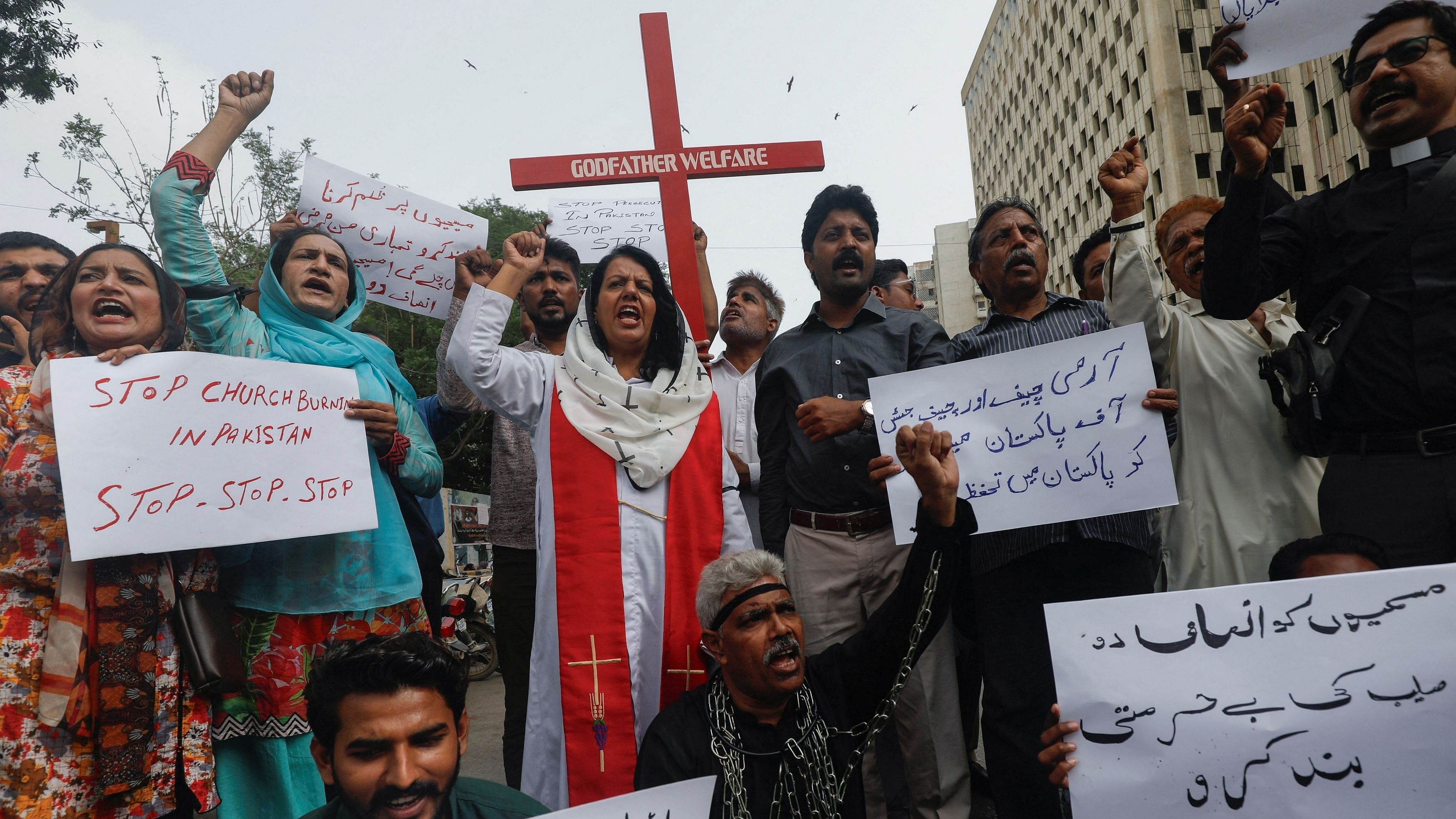 <div class="paragraphs"><p>Members of the Christian community chant slogans as they hold placards to condemn the attacks on churches and houses in Jaranwala town of Faisalabad, during a protest in Karachi, Pakistan August 17, 2023. </p></div>