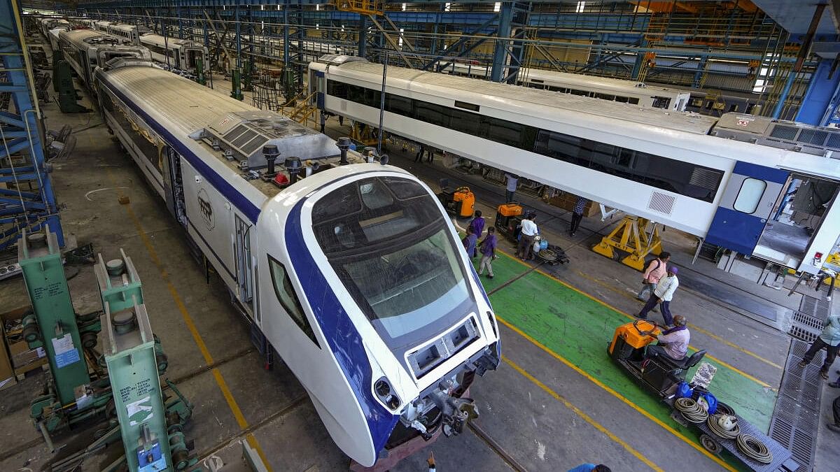 <div class="paragraphs"><p>Vande Bharat trains being manufactured at the Integral Coach Factory (ICF), Chennai.</p></div>