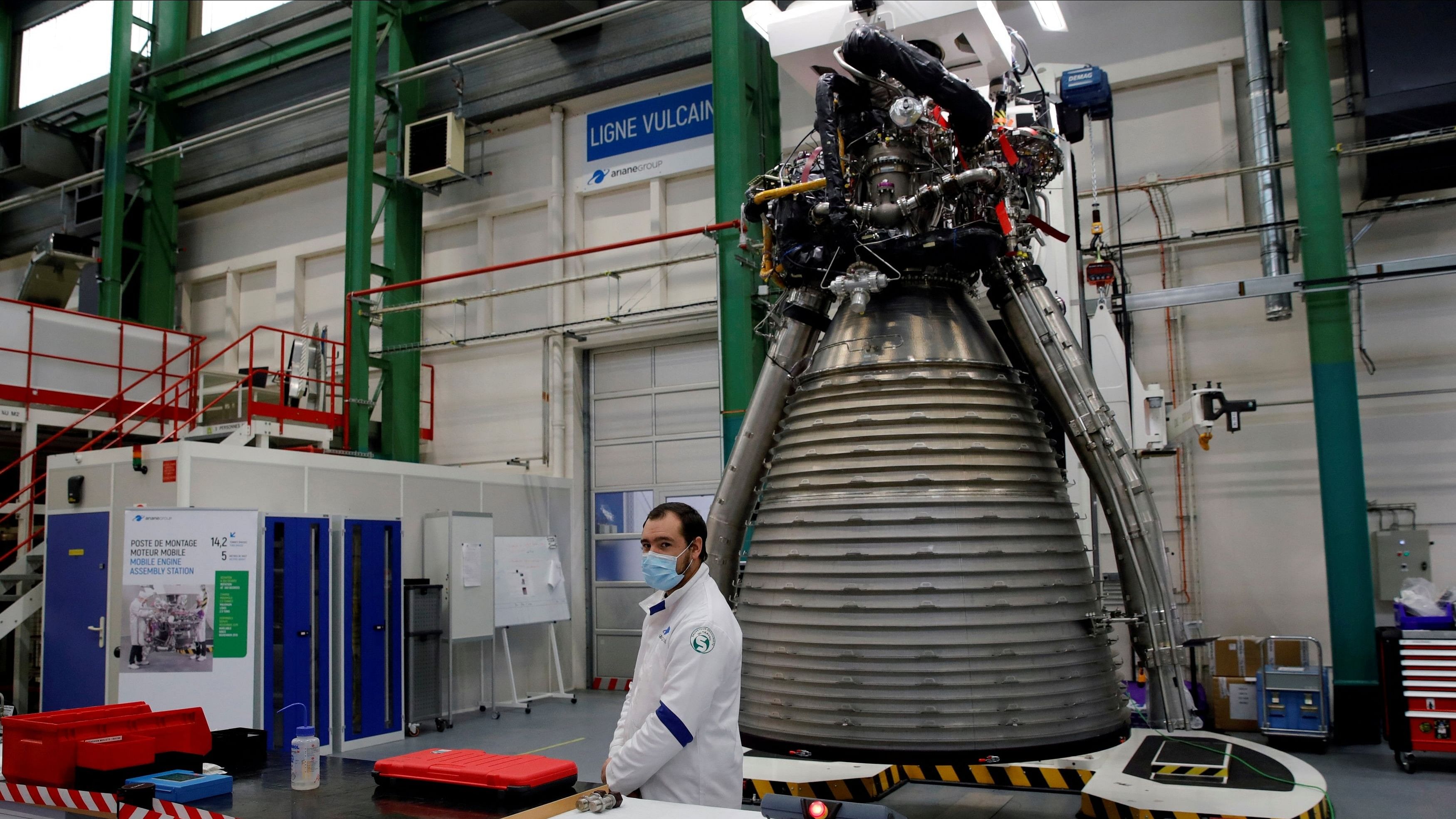 <div class="paragraphs"><p>A worker of Ariane Group stands in front of a Ariane 6 rocket's Vulcain 2.1 engine, prior to the visit of French President Emmanuel Macron, in Vernon, France, January 12, 2021. </p></div>