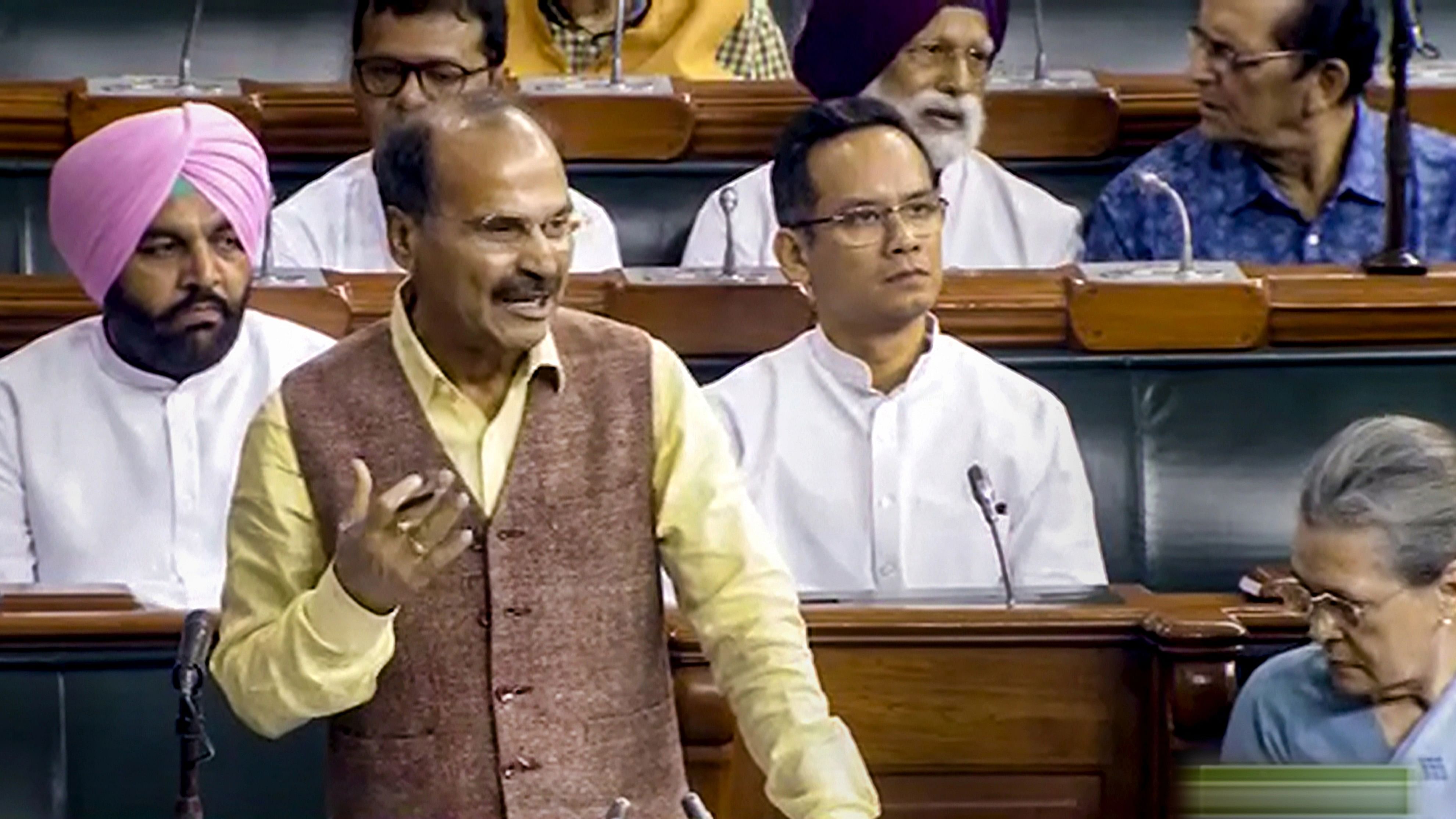 <div class="paragraphs"><p>Congress MP Adhir Ranjan Chowdhury speaks during the discussion on the Motion of No-Confidence in the Lok Sabha during the Monsoon session of Parliament, in New Delhi, Thursday, Aug. 10, 2023. </p></div>