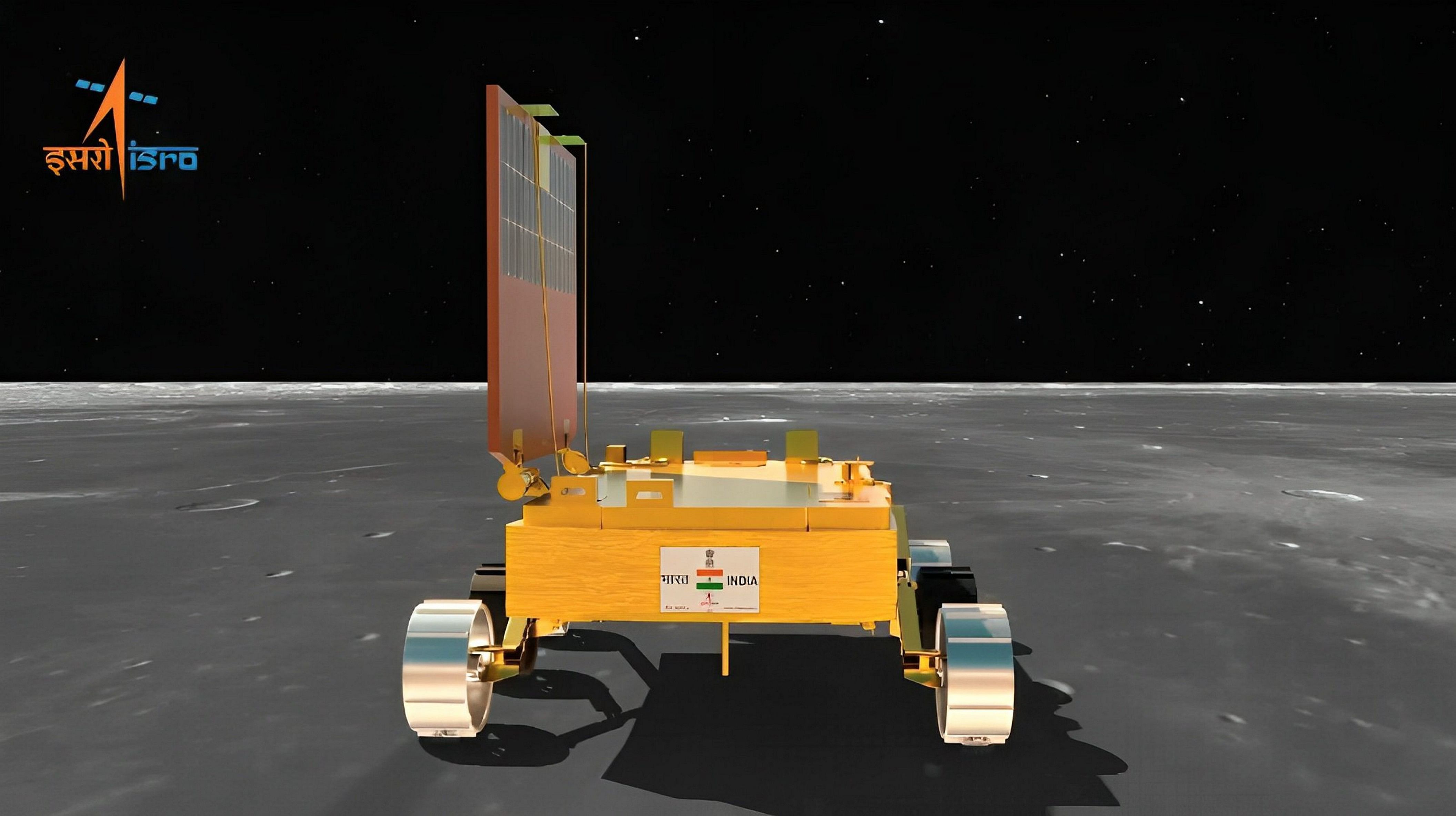 <div class="paragraphs"><p>An illustration of Chandrayaan-3's Pragyan rover roaming on the lunar surface.</p></div>