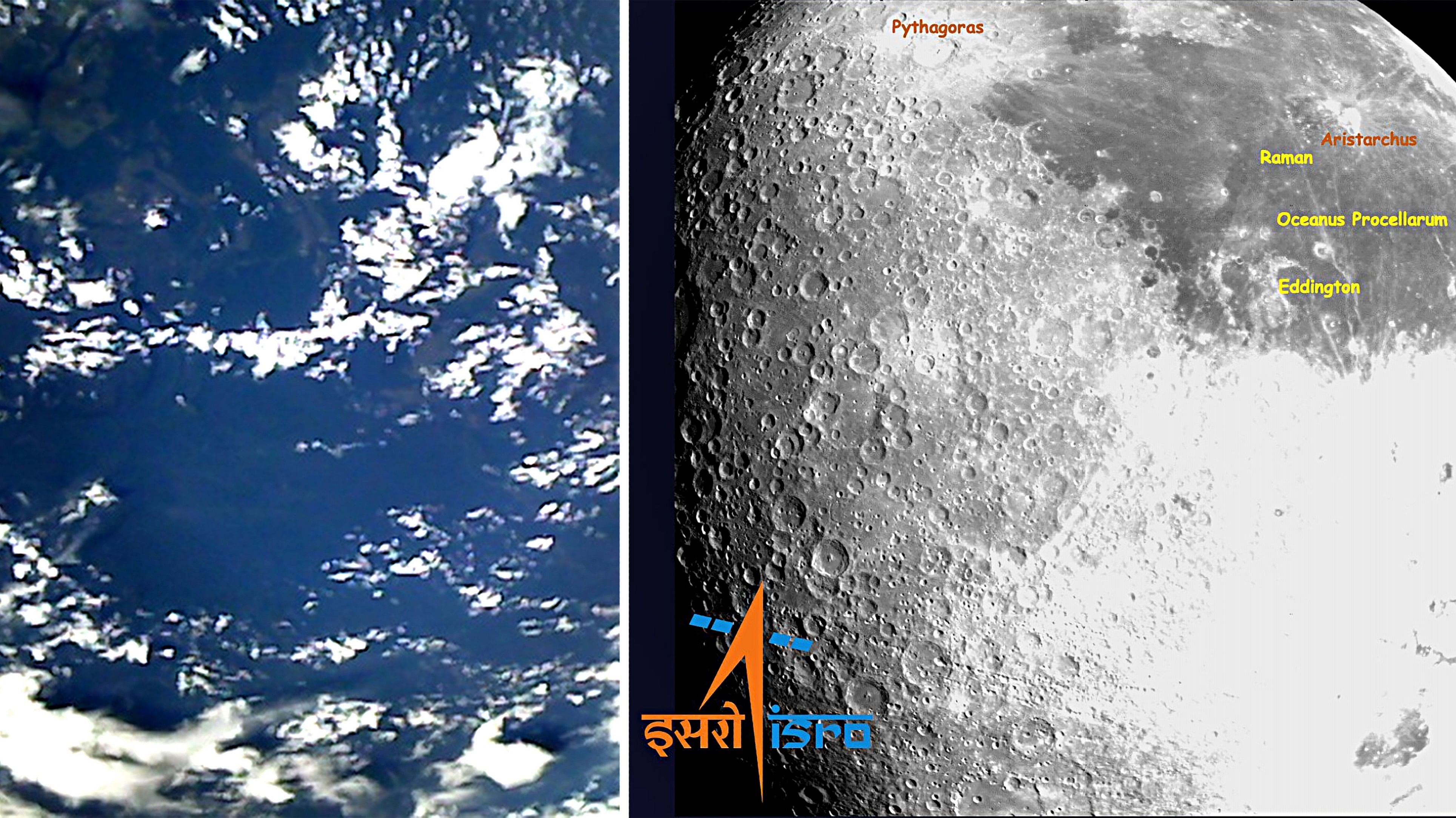 <div class="paragraphs"><p>(Left to Right) Earth as viewed by lander imager (LI) camera onboard 'Chandrayaan-3' on the day of the launch, July 14, 2023, and Moon as viewed by lander horizontal velocity camera (LHVC) onboard 'Chandrayaan-3', 'Chandrayaan-3', a day after the Lunar Orbit Insertion, August 6, 2023. </p></div>