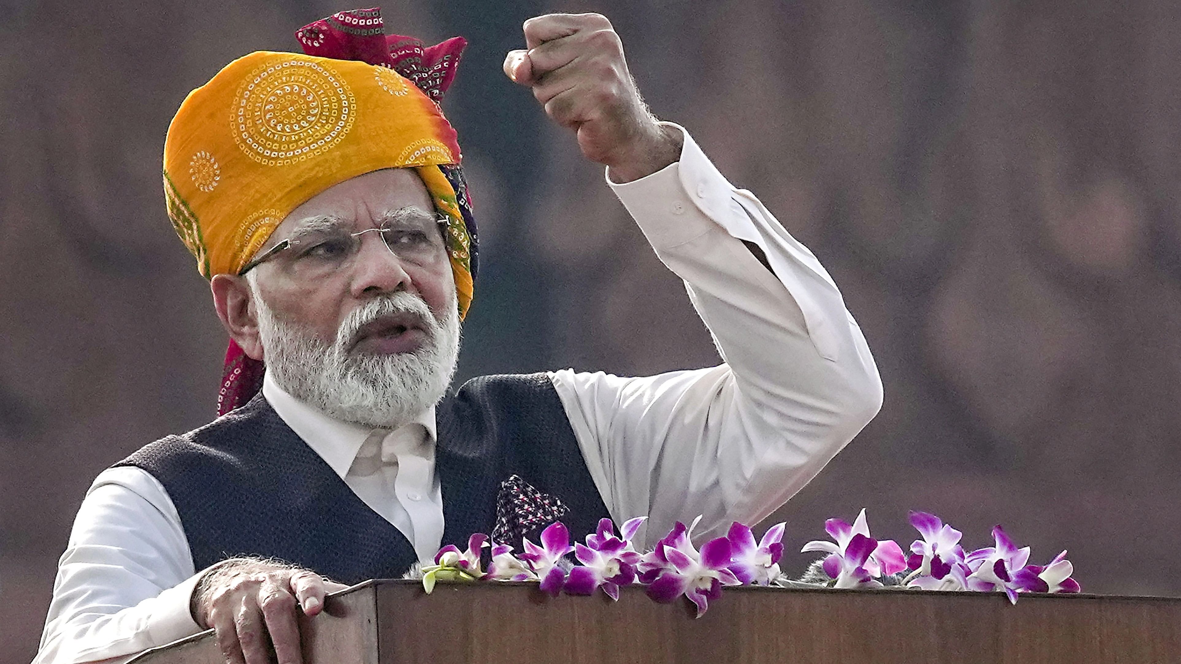 <div class="paragraphs"><p>Prime Minister Narendra Modi addresses the nation from the historic Red Fort on the occasion of the 77th Independence Day, in New Delhi, Tuesday, Aug. 15, 2023. </p></div>