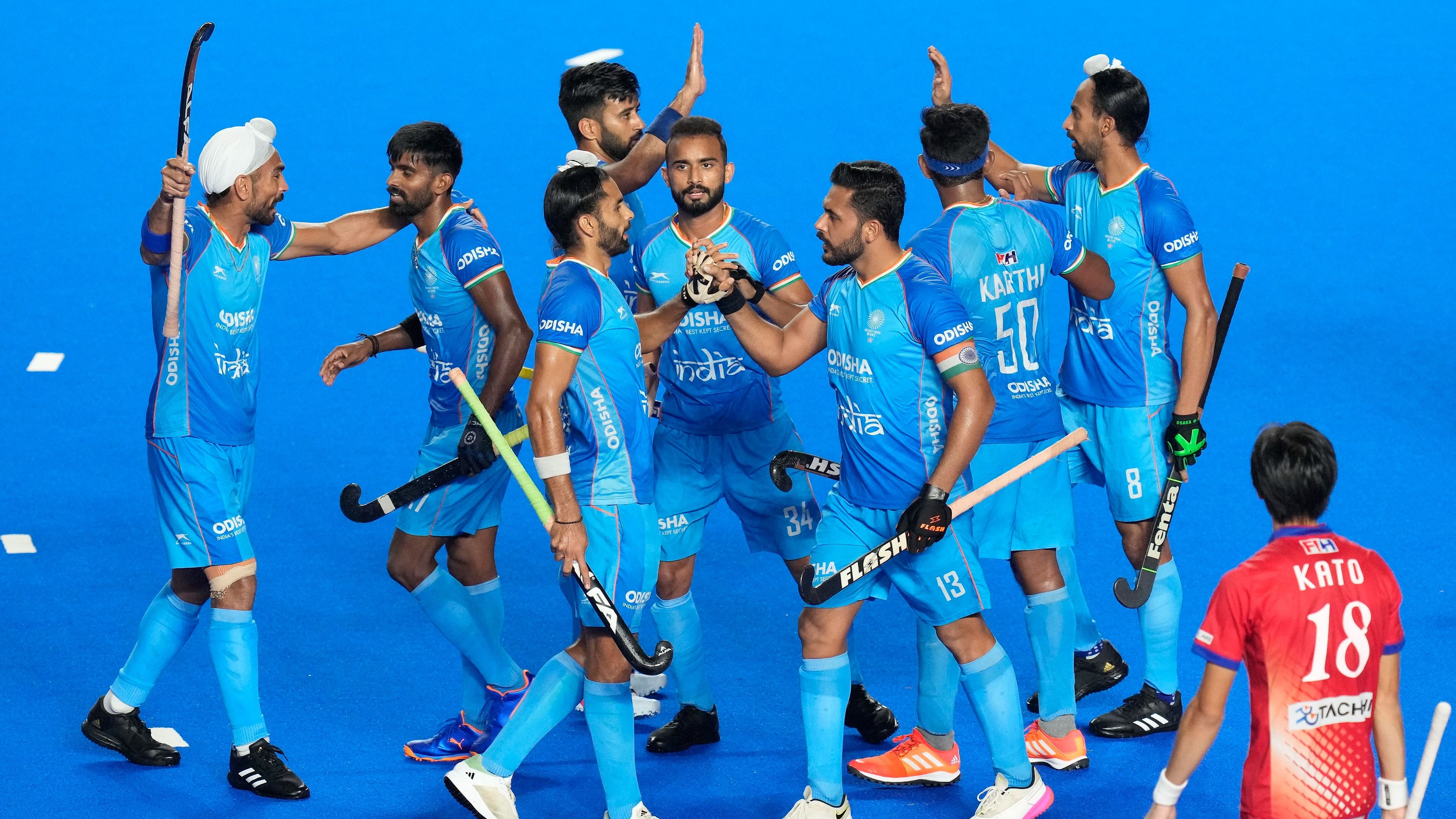 <div class="paragraphs"><p>India's Akashdeep Singh celebrates with teammates after scoring a goal during the 2nd Semi-final of Asian Champions Trophy 2023 hockey match between India and Japan, at Mayor Radhakrishnan Hockey Stadium, in Chennai, Friday, Aug. 11, 2023.</p></div>