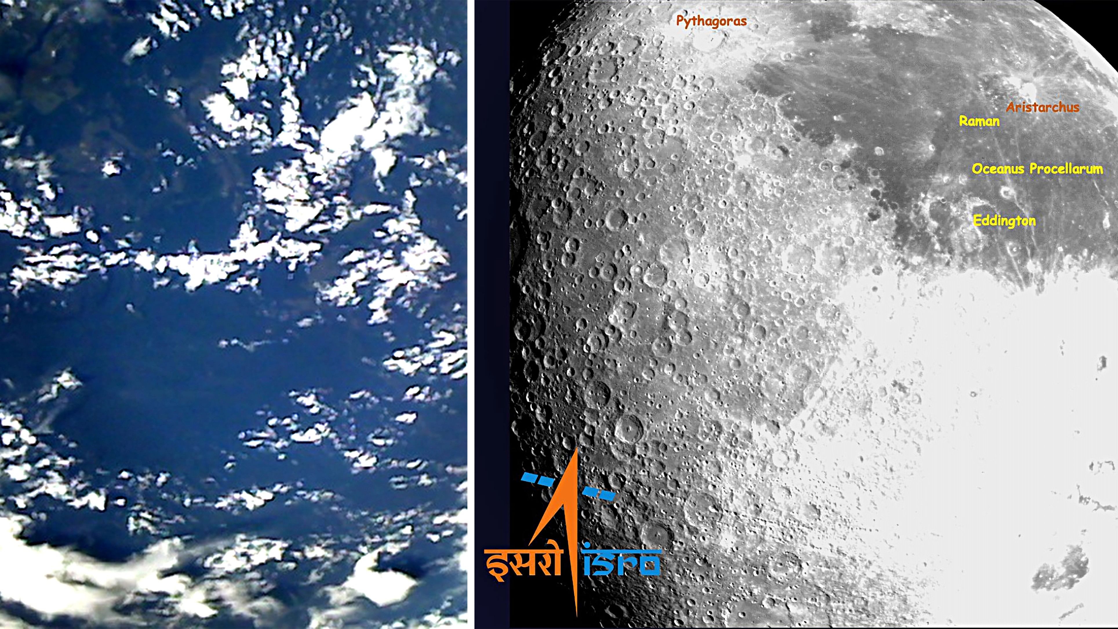 <div class="paragraphs"><p>(Left to Right) Earth as viewed by lander imager (LI) camera onboard 'Chandrayaan-3' on the day of the launch, Friday, July 14, 2023, and Moon as viewed by lander horizontal velocity camera (LHVC) onboard 'Chandrayaan-3',  'Chandrayaan-3', a day after the Lunar Orbit Insertion, Sunday, Aug. 6, 2023. </p></div>