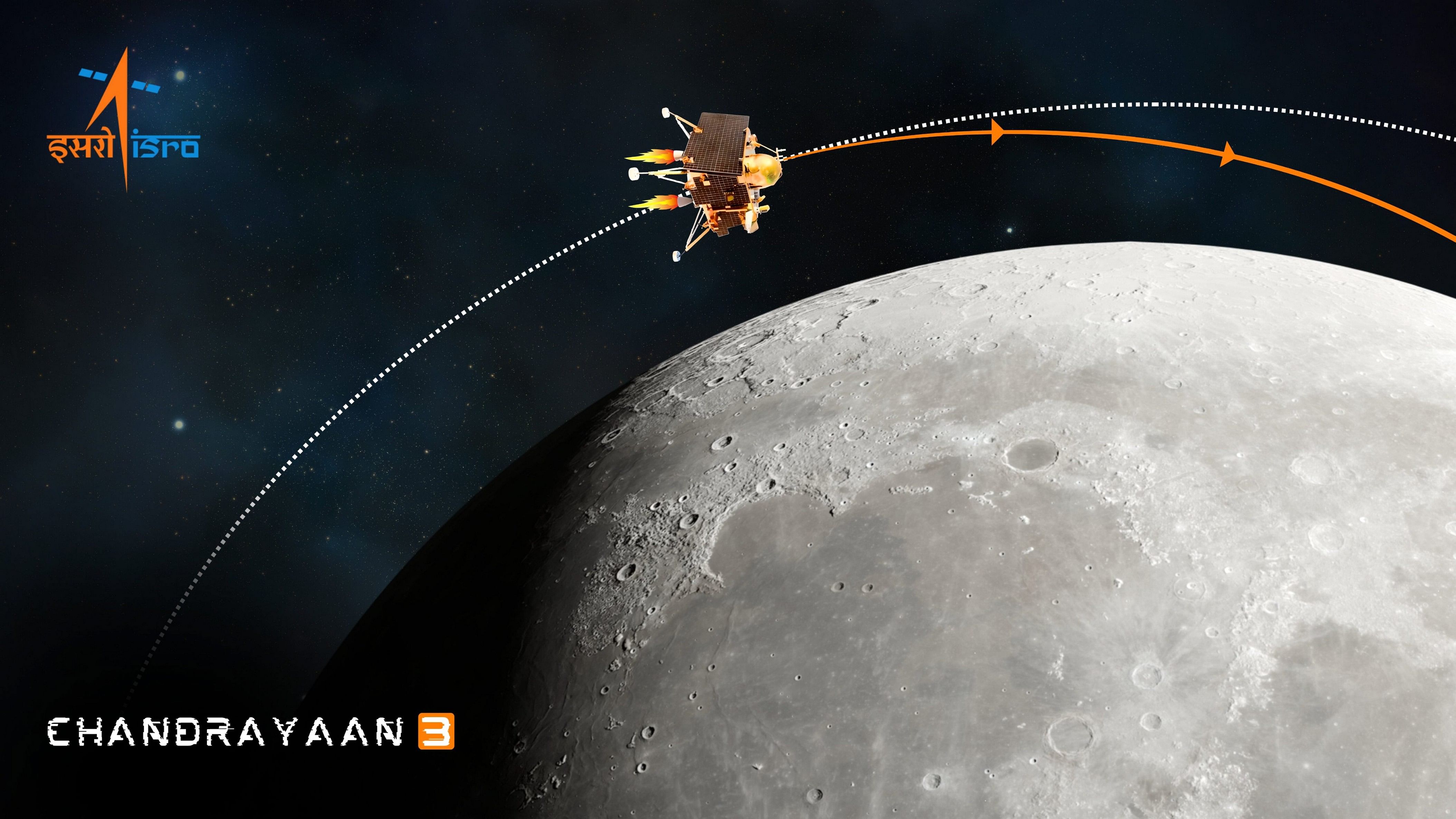 <div class="paragraphs"><p>An illustration showing ISRO's 'Chandrayaan-3' after the orbit of Landing Module (LM) was successfully reduced to 25 km x 134 km.</p></div>
