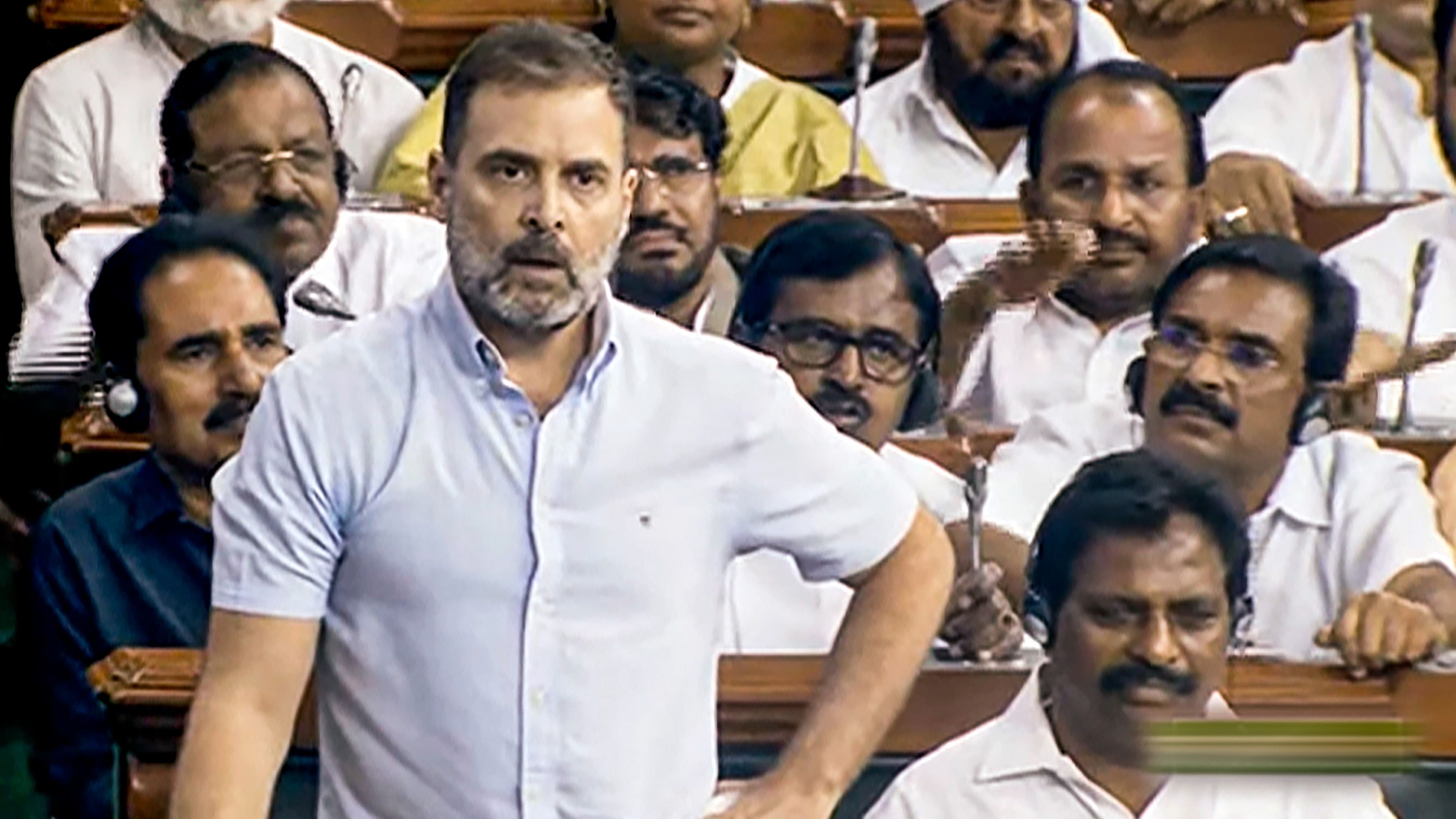 <div class="paragraphs"><p>Congress MP Rahul Gandhi speaks during a discussion on the Motion of No-Confidence in the Lok Sabha during the ongoing Monsoon session of Parliament, in New Delhi.</p></div>