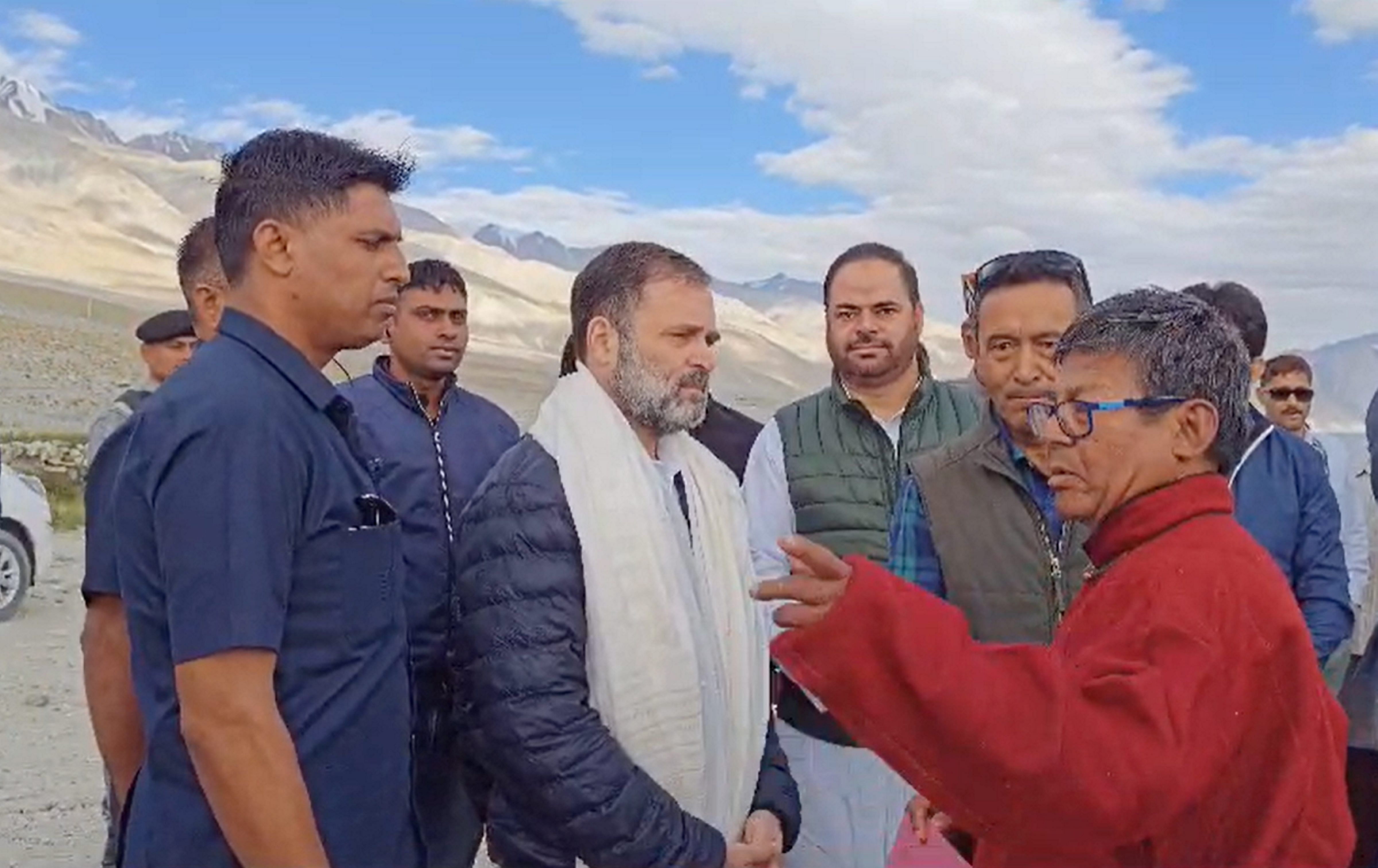 <div class="paragraphs"><p> Congress leader Rahul Gandhi interacts with locals during a visito to Maan village in Ladakh, Sunday, Aug. 20, 2023. </p></div>