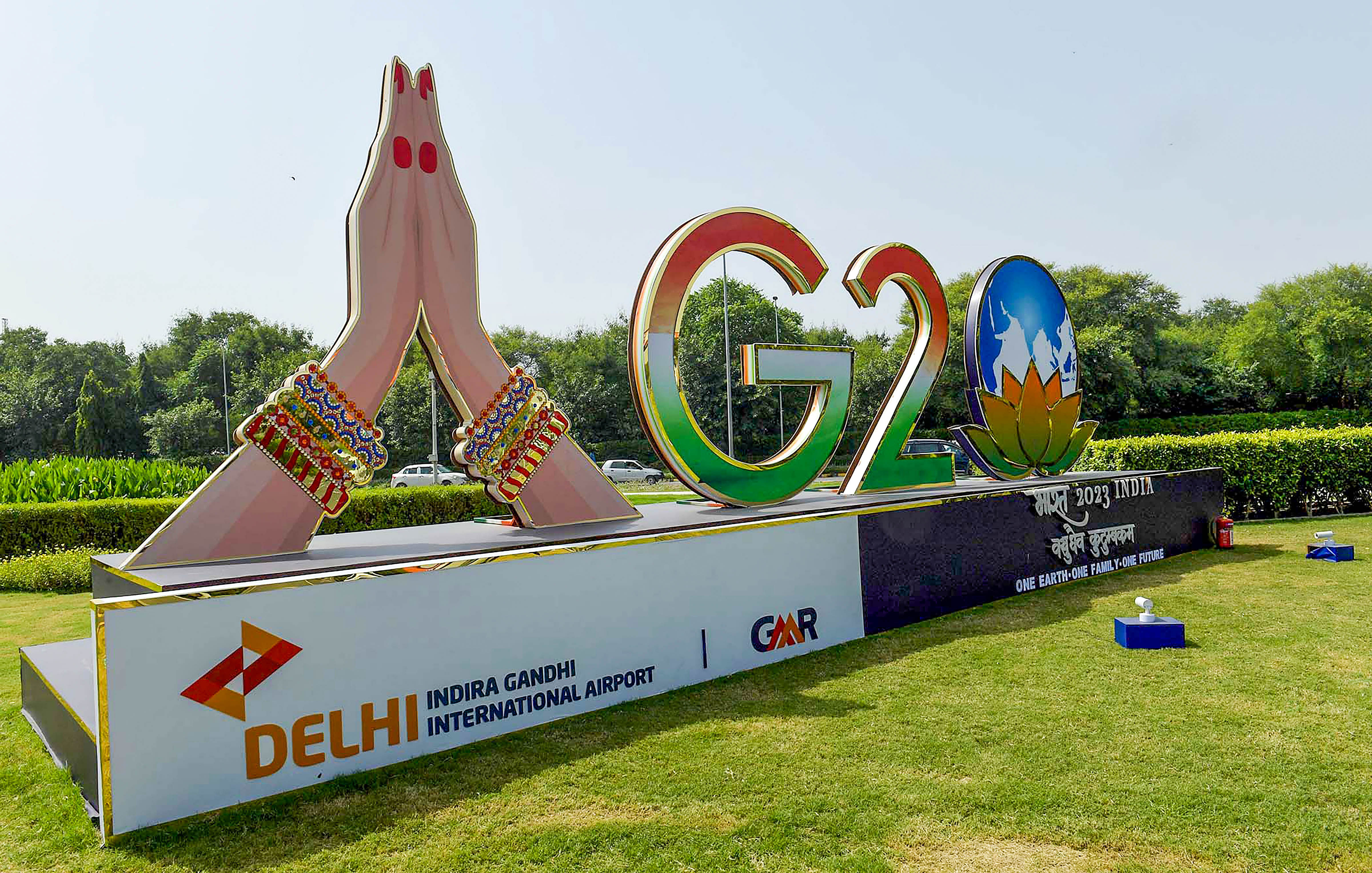 <div class="paragraphs"><p>  G20 logo installed near the Indira Gandhi International Airport in preparations for the G20 Summit, in New Delhi, Sunday, Aug. 27, 2023.</p></div>