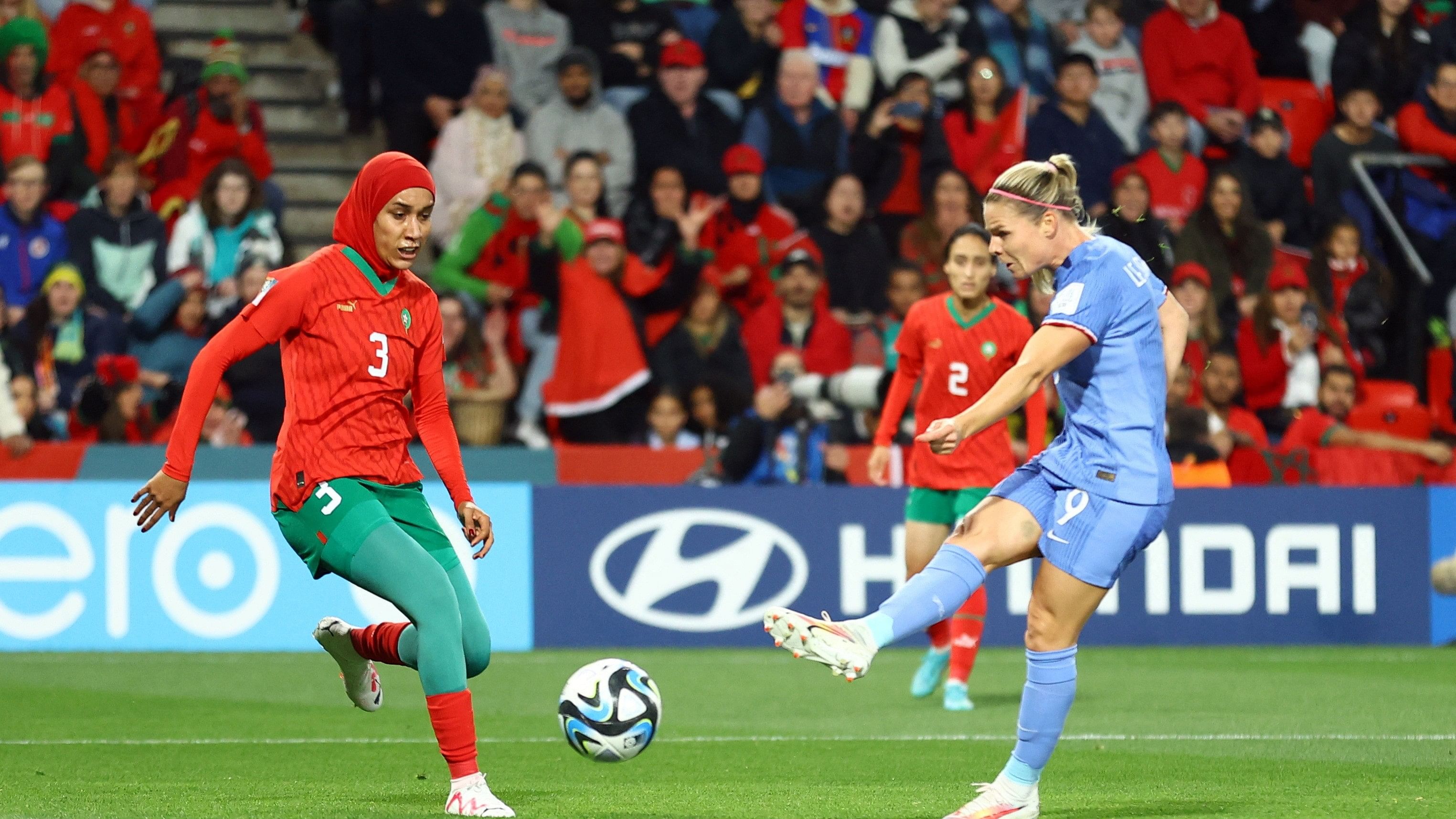 <div class="paragraphs"><p>Soccer Football - FIFA Women’s World Cup Australia and New Zealand 2023 - Round of 16 - France v Morocco - Hindmarsh Stadium, Adelaide, Australia - August 8, 2023  France's Eugenie Le Sommer scores their third goal</p></div>