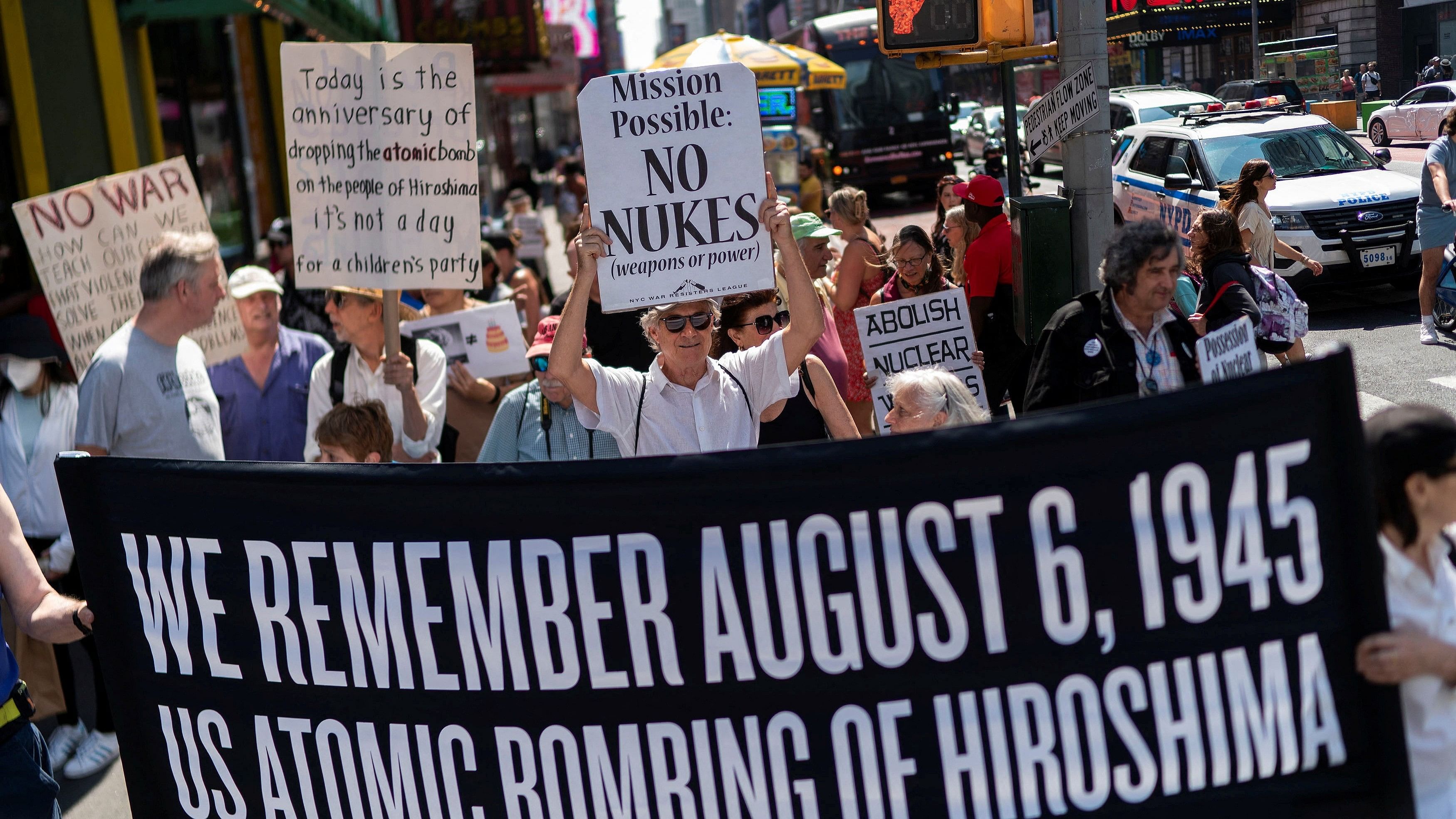 <div class="paragraphs"><p>Anti-war demonstrators mark the 78th anniversary of the 1945 atomic bomb attack on Hiroshima with a march and protest from Times Square to the Intrepid museum in New York City, New York, U.S., August 6, 2023.</p></div>