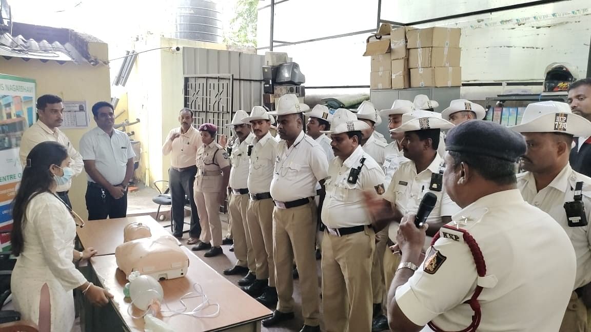 <div class="paragraphs"><p>Kamakshipalya traffic police at a training session on Wednesday. </p></div>