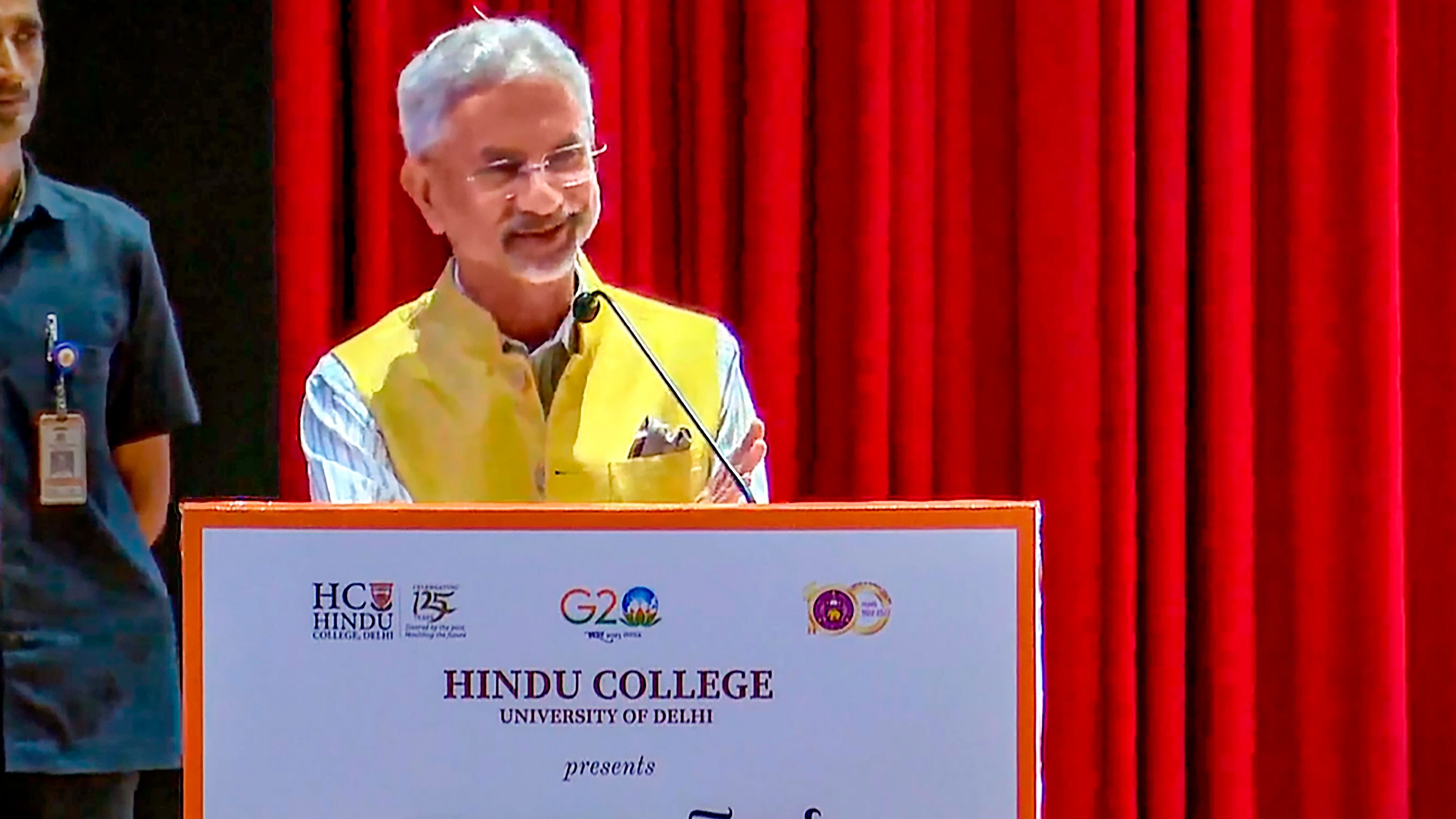 <div class="paragraphs"><p>External Affairs Minister S Jaishankar speaks to the students of Hindu College on G20 Presidency &amp; its Global Impact, in New Delhi.&nbsp;</p></div>