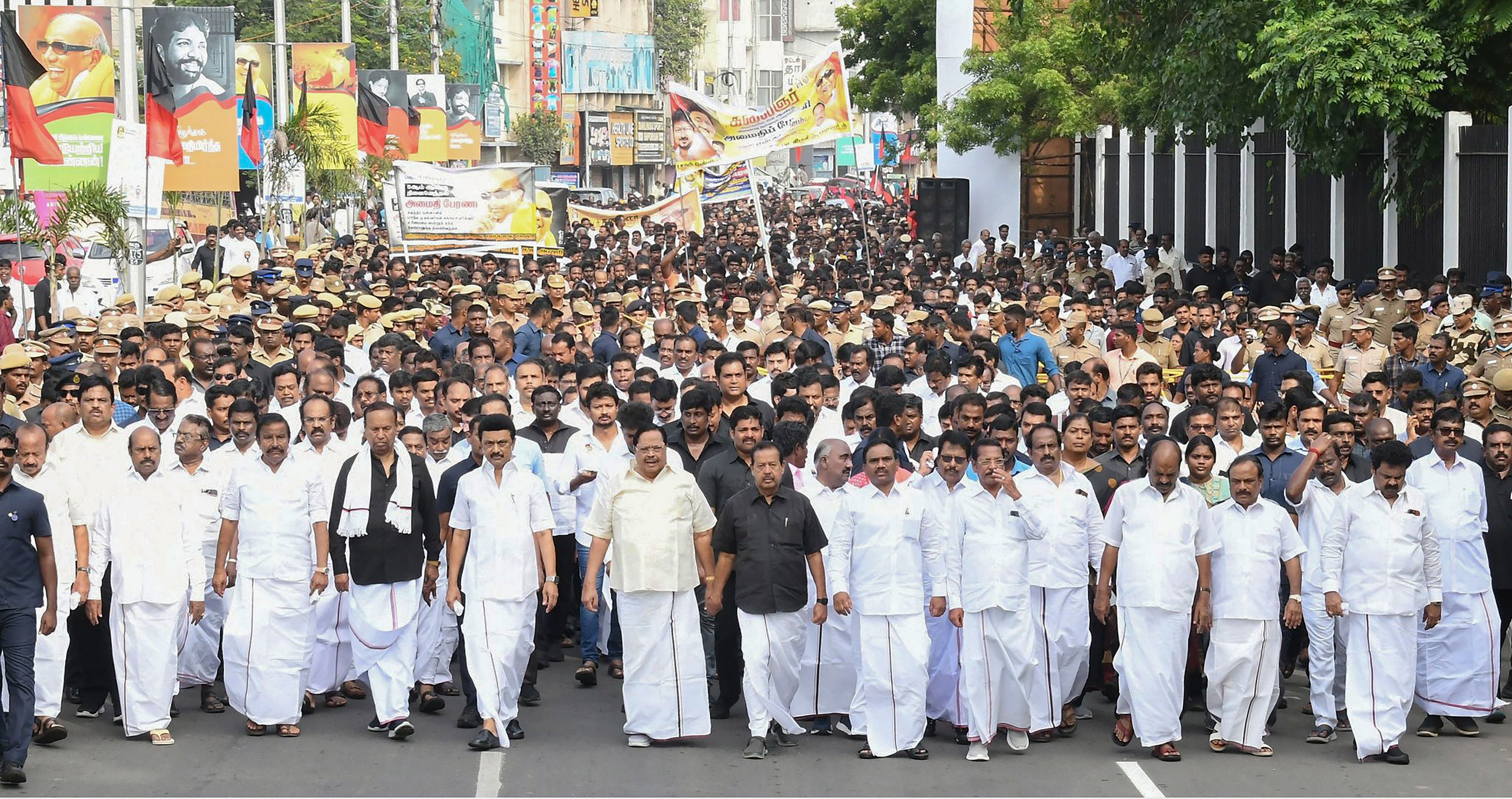 <div class="paragraphs"><p>Tamil Nadu Chief Minister MK Stalin and other DMK leaders carry out a peace march to Karunanidhi Memorial on the 5th death anniversary of former CM M Karunanidhi, in Chennai, Monday, Aug. 7, 2023.</p></div>
