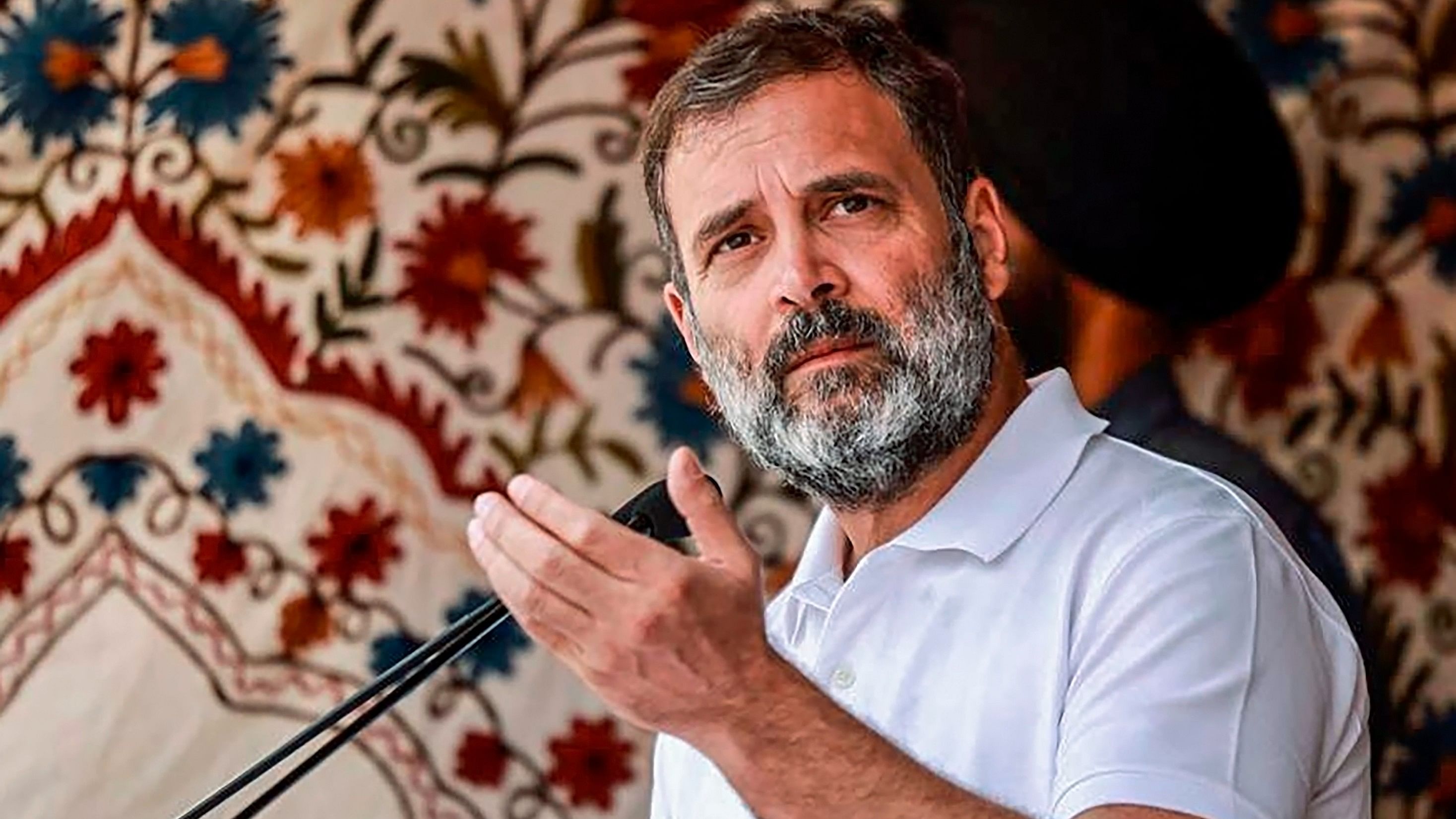 <div class="paragraphs"><p>Congress leader Rahul Gandhi speaks during a public meeting at Khree Sultan Cho Sport Stadium, in Kargil district, Ladakh, Friday, Aug. 25, 2023.</p></div>