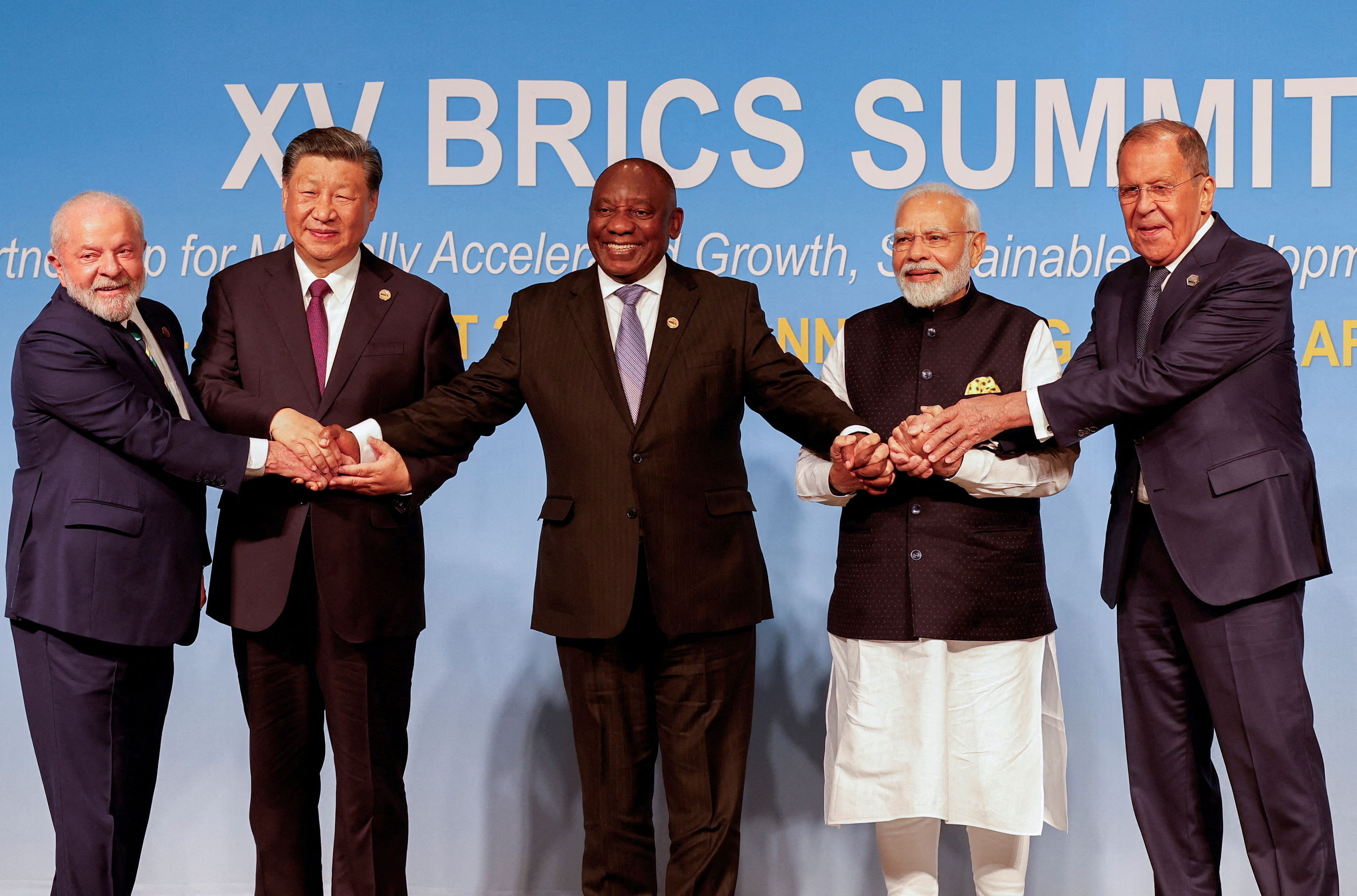 <div class="paragraphs"><p>President of Brazil Luiz Inacio Lula da Silva, President of China Xi Jinping, South African President Cyril Ramaphosa, Prime Minister of India Narendra Modi and Russia's Foreign Minister Sergei Lavrov pose for a BRICS family photo during the 2023 BRICS Summit at the Sandton Convention Centre in Johannesburg, South Africa, on August 23, 2023.  </p></div>