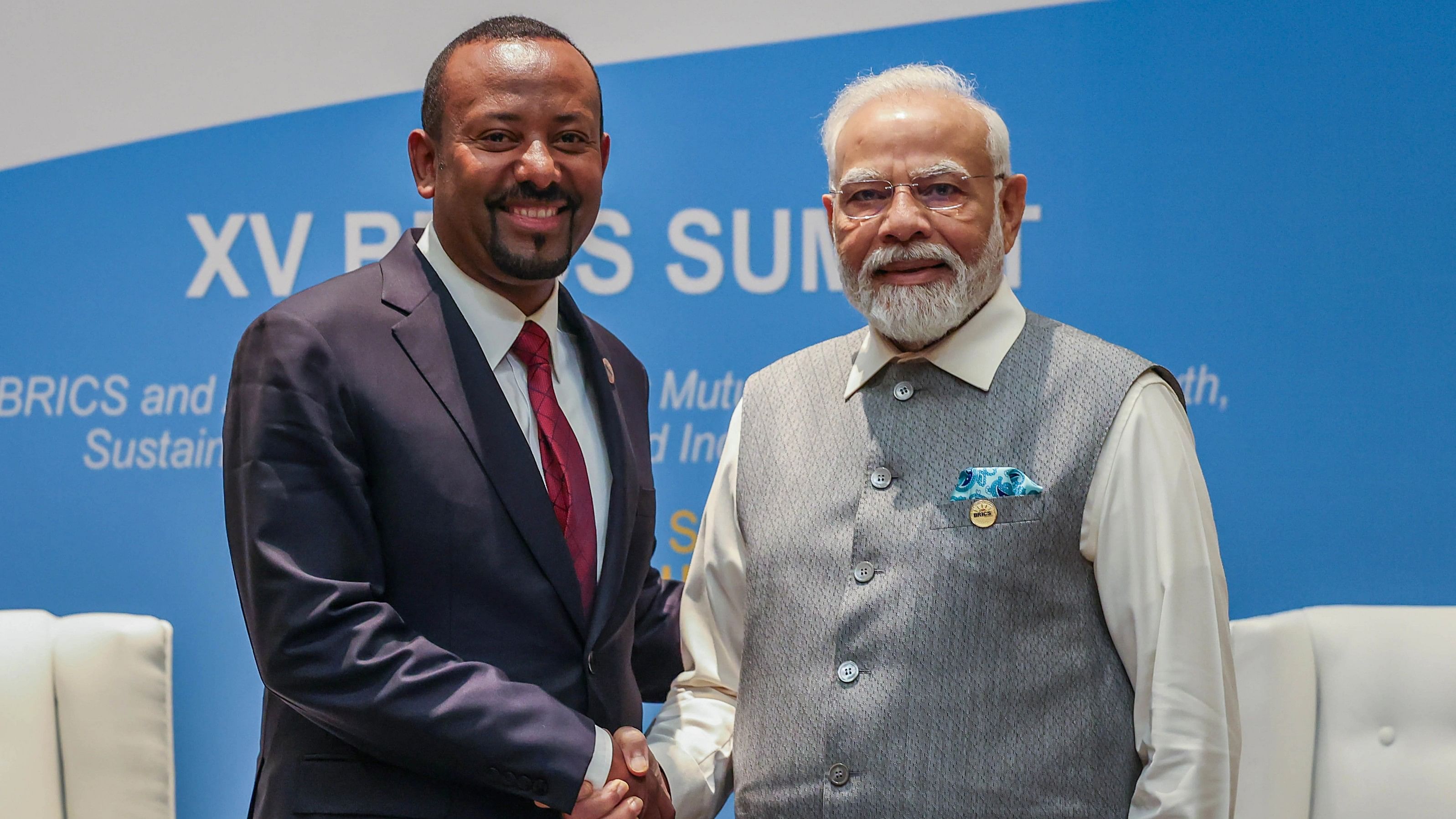 <div class="paragraphs"><p> Prime Minister Narendra Modi during a meeting with Prime Minister of Ethiopia Abiy Ahmed Ali at the 15th BRICS Summit, in Johannesburg, Thursday, Aug. 24, 2023. </p></div>