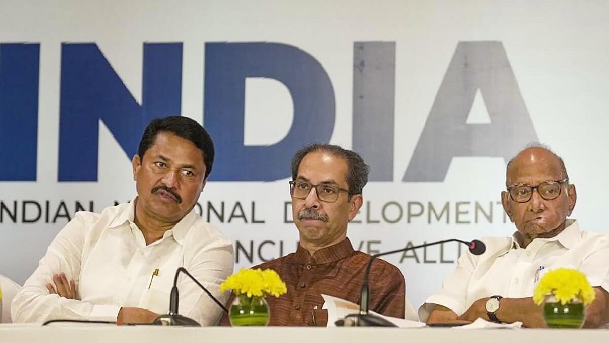 <div class="paragraphs"><p>NCP supremo Sharad Pawar, Shiv Sena (UBT) chief Uddhav Thackeray and Maharashtra Congress President Nana Patole at a press conference in Mumbai.&nbsp;</p></div>