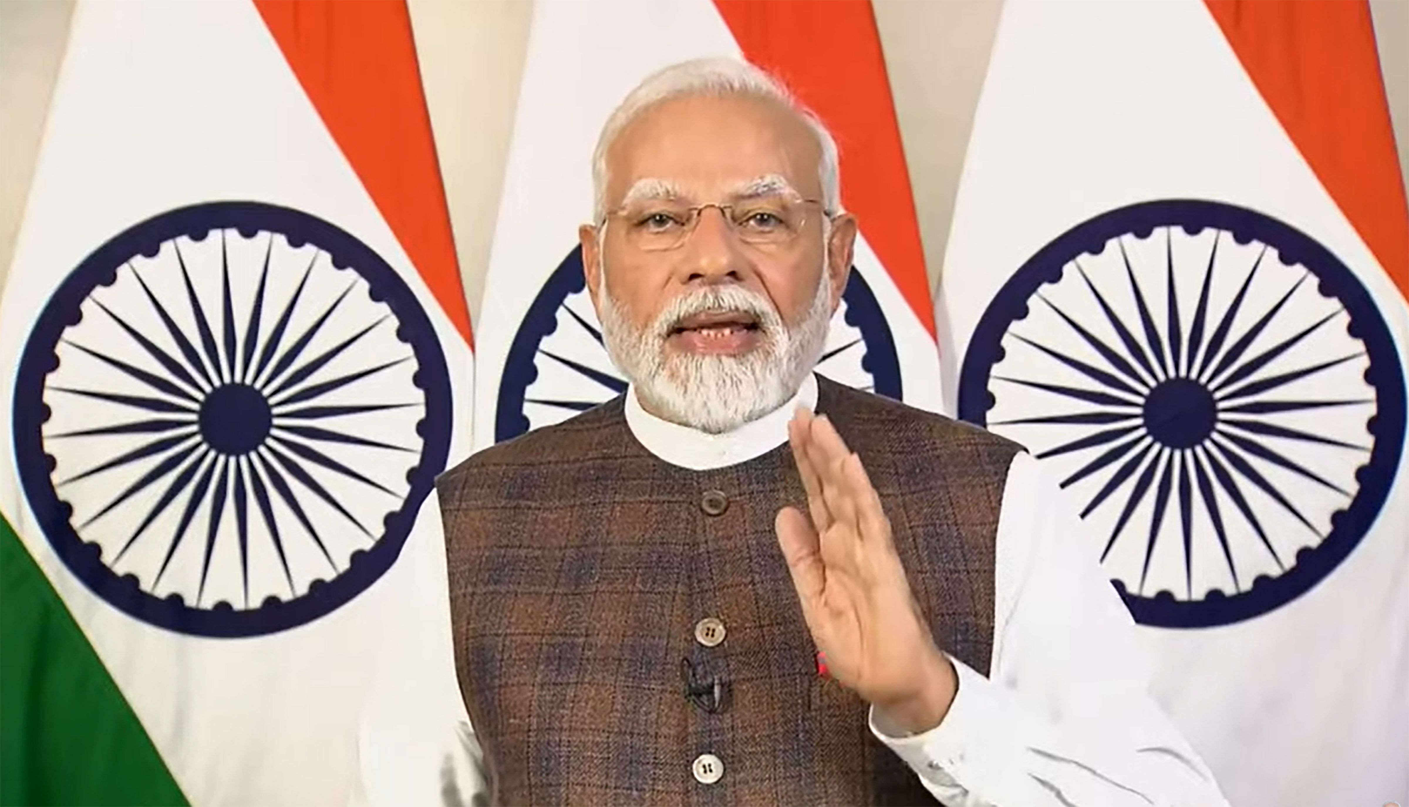 <div class="paragraphs"><p>Prime Minister Narendra Modi addresses via video link after the Chandrayaan-3's successful landing on the Moon's surface=</p></div>