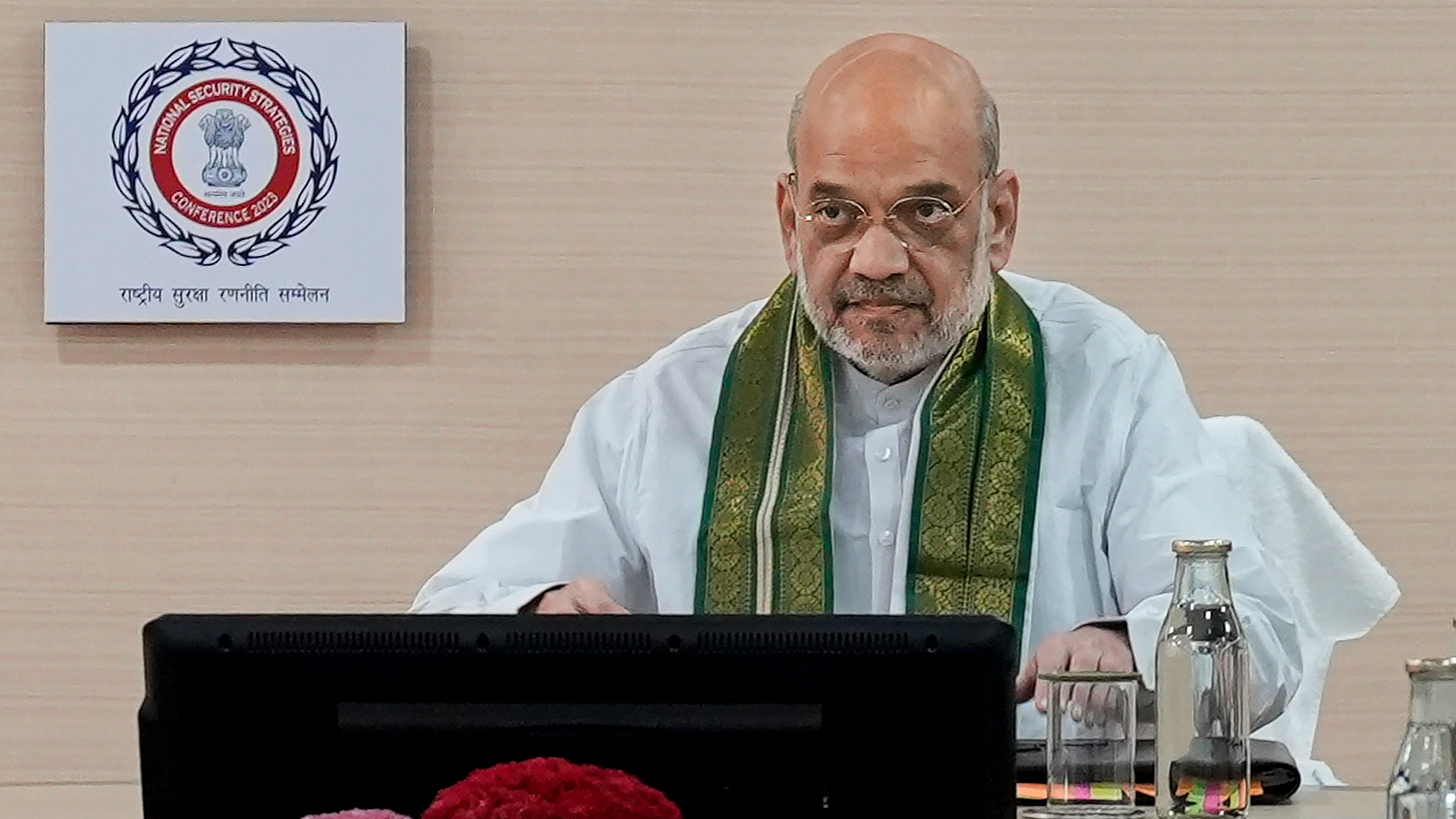 <div class="paragraphs"><p>Union Home Minister Amit Shah addresses the National Security Strategy Conference, at the Intelligence Bureau headquarters, in New Delhi, Thursday, Aug. 24, 2023.</p></div>