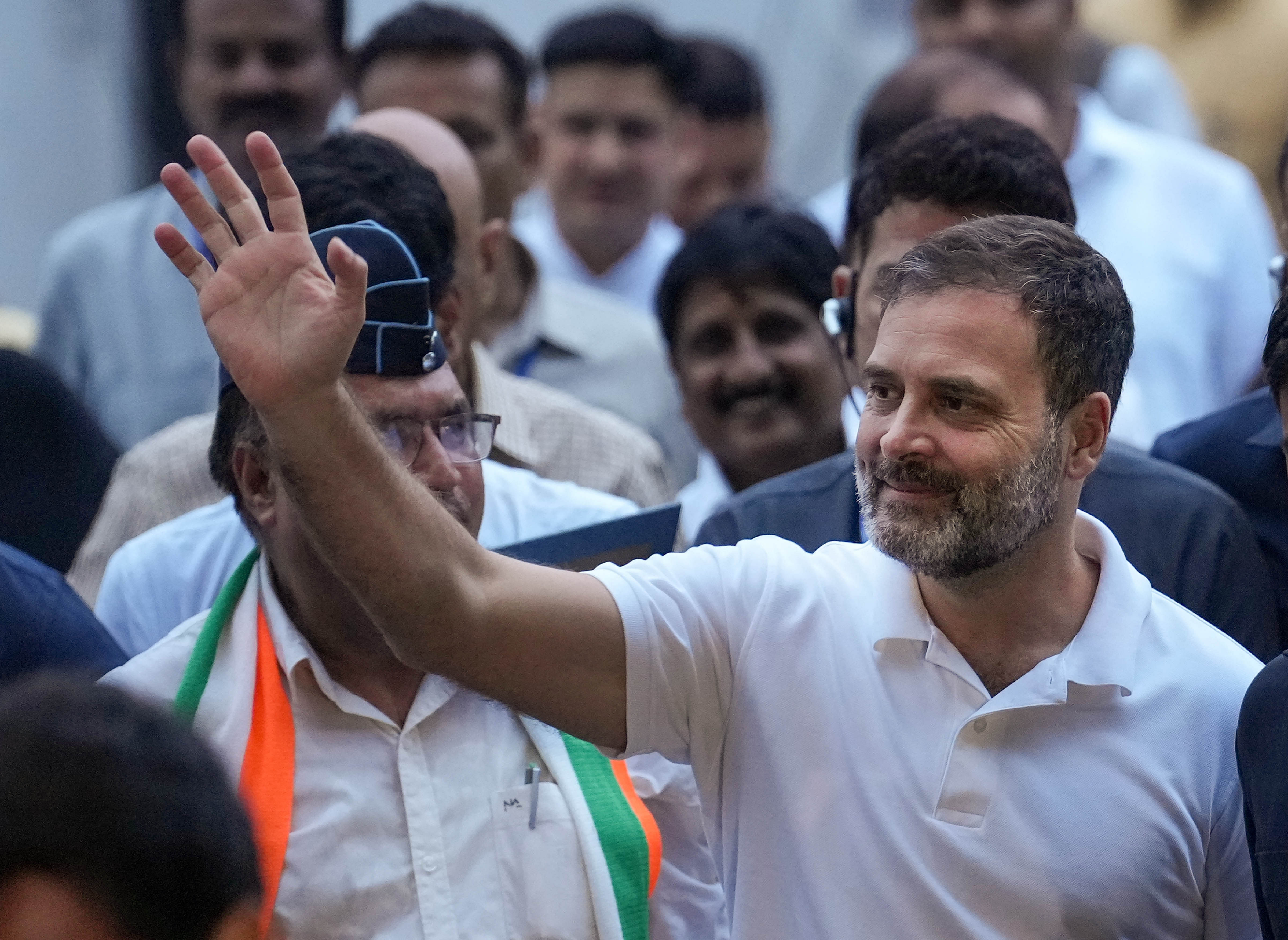 <div class="paragraphs"><p>Congress leader Rahul Gandhi leaves after a meeting at AICC headquarters, in New Delhi, Friday, August 4, 2023.</p></div>