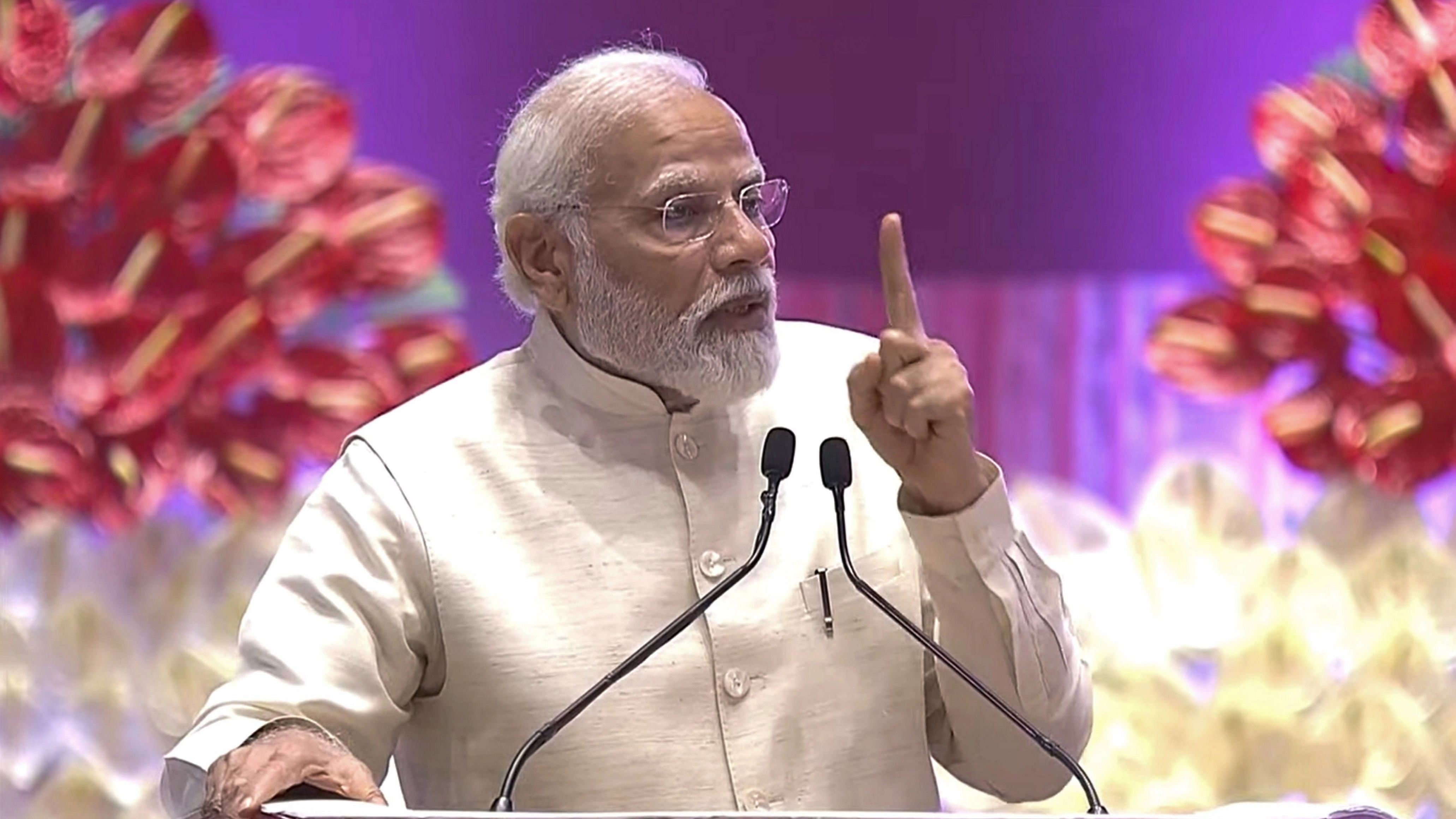 <div class="paragraphs"><p>Prime Minister Narendra Modi addresses the National Handloom Day celebrations at Bharat Mandapam, at Pragati Maidan in New Delhi, Monday, August 7, 2023. </p></div>