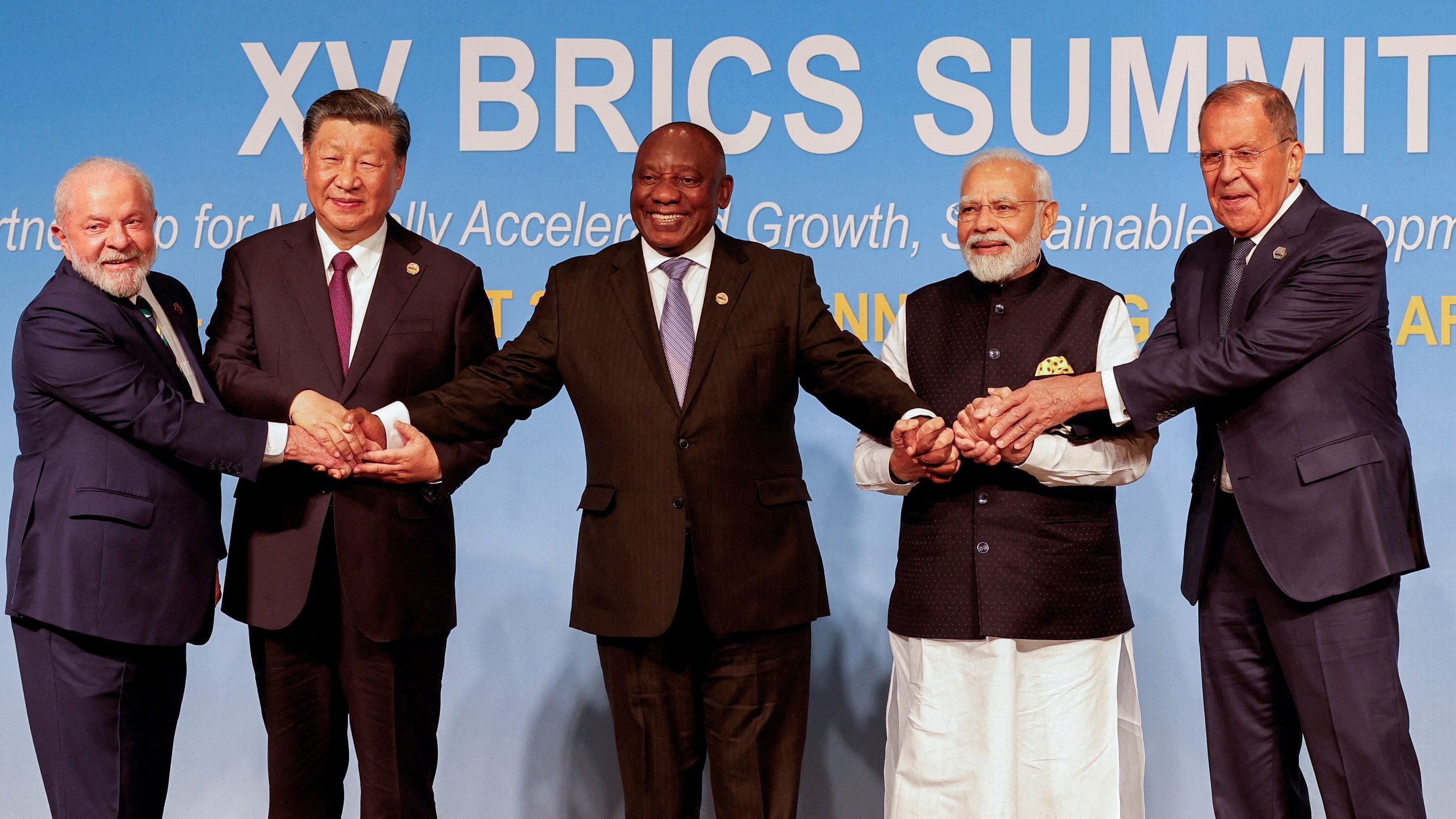 <div class="paragraphs"><p>Leaders pose for a BRICS family photo during the 2023 BRICS Summit at the Sandton Convention Centre in Johannesburg, South Africa, on August 23, 2023.</p></div>