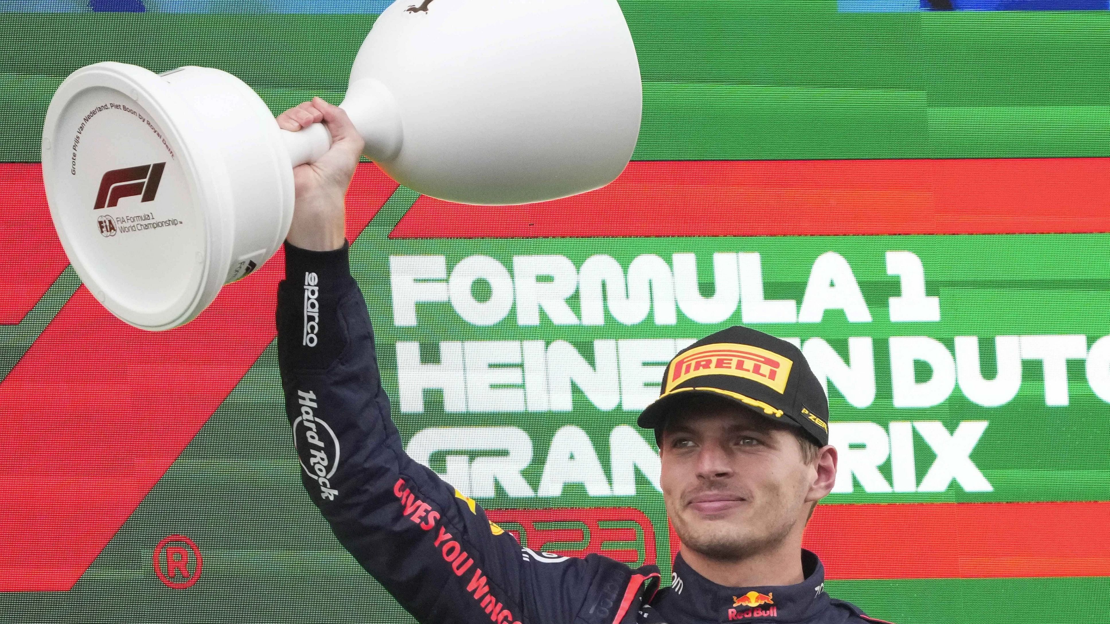 <div class="paragraphs"><p>Red Bull driver Max Verstappen of the Netherlands celebrates winning the Formula One Dutch Grand Prix auto race.</p></div>