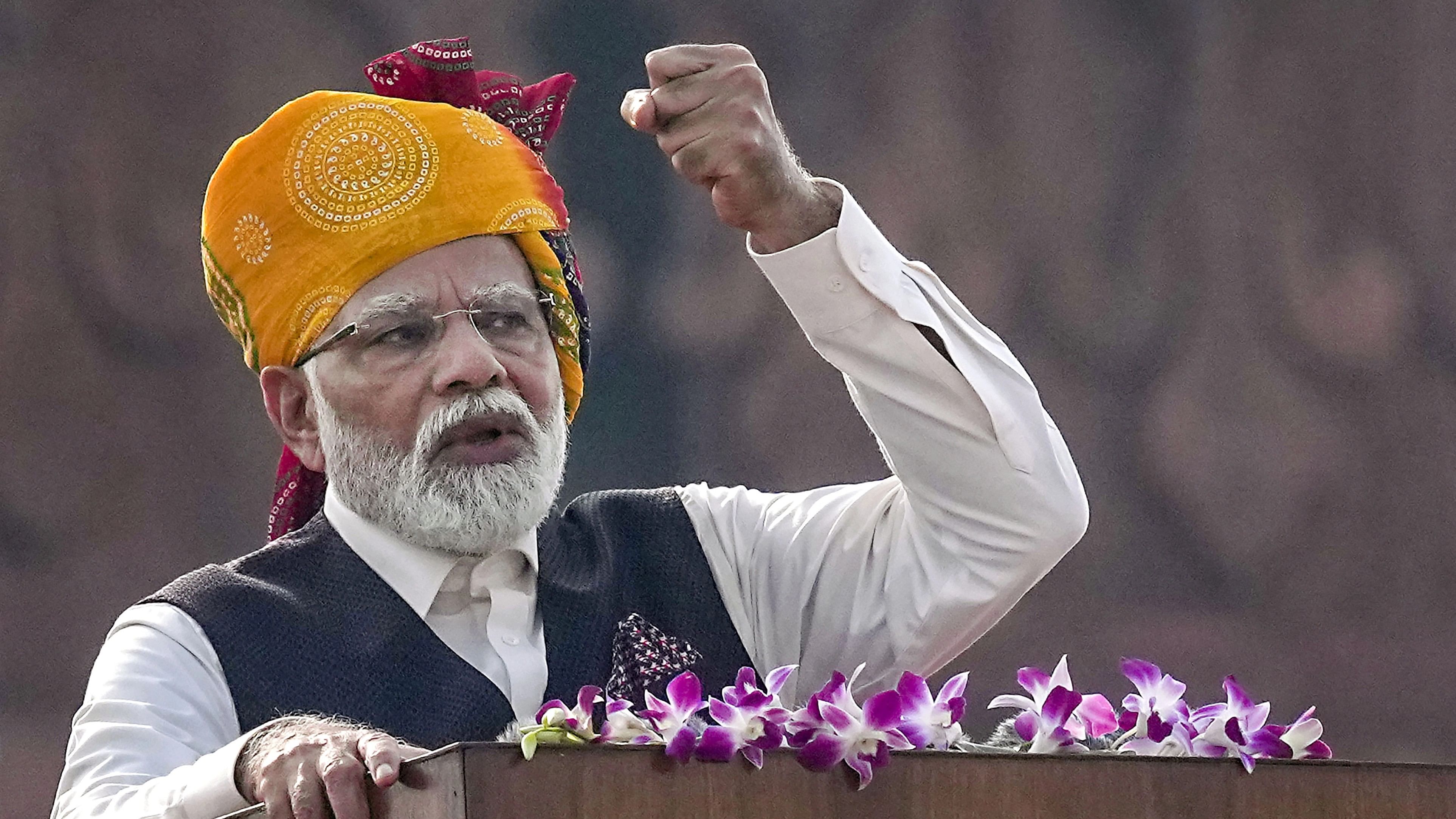 <div class="paragraphs"><p>Prime Minister Narendra Modi addresses the nation from the historic Red Fort on the occasion of the 77th Independence Day, in New Delhi, Tuesday, Aug. 15, 2023.</p></div>