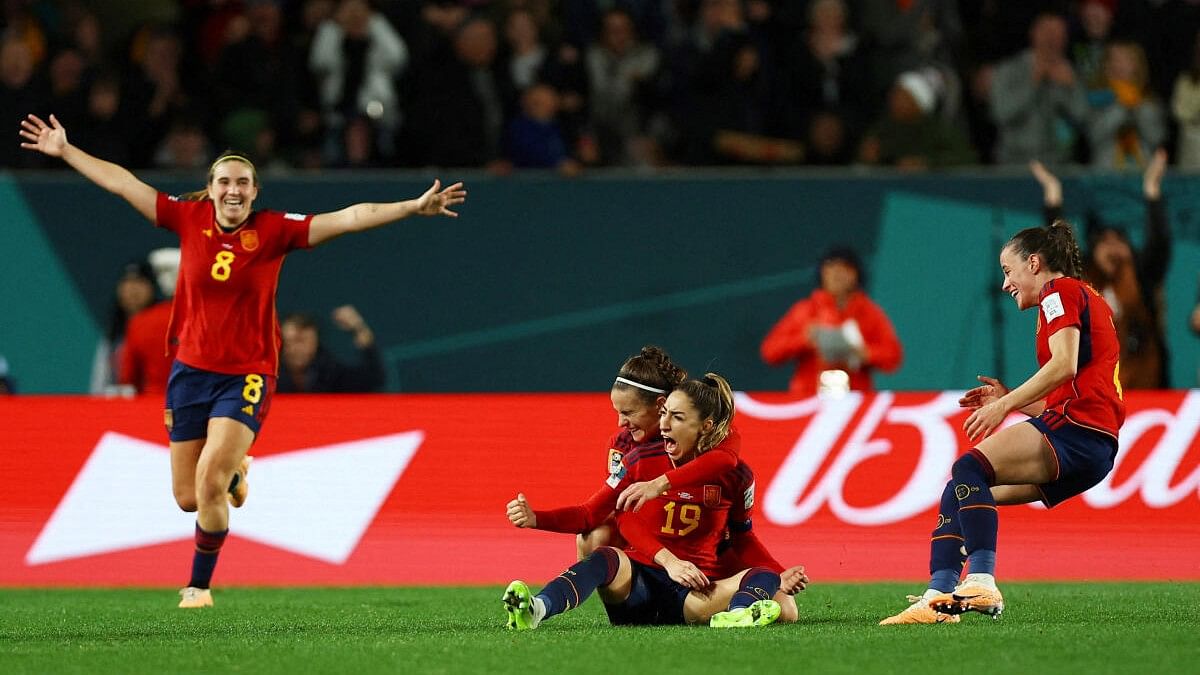 <div class="paragraphs"><p>Spain's Olga Carmona celebrates scoring their second goal with teammates.</p></div>