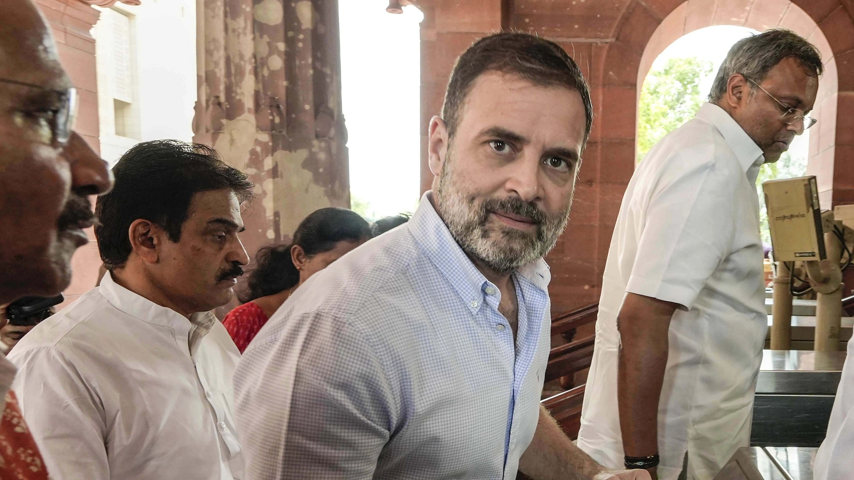 <div class="paragraphs"><p> Congress MP Rahul Gandhi arrives at Parliament House complex during Monsoon session, in New Delhi, Tuesday, Aug. 8, 2023.</p></div>