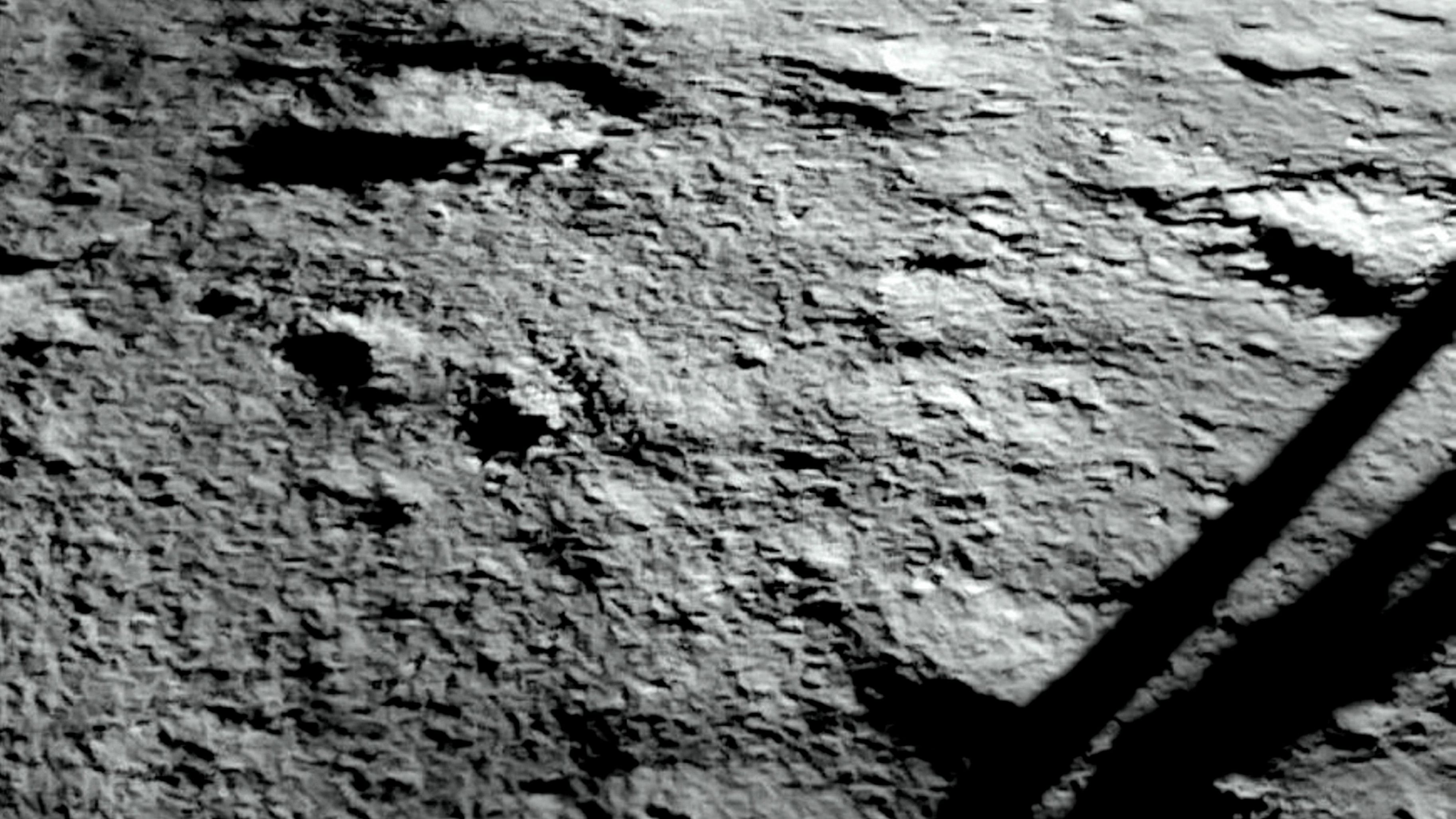<div class="paragraphs"><p>Camera of ISRO’s Chandrayaan-3 captures a portion of its landing site on the surface of the Moon after its successful descent, in Bengaluru, Wednesday, Aug. 23, 2023. </p></div>
