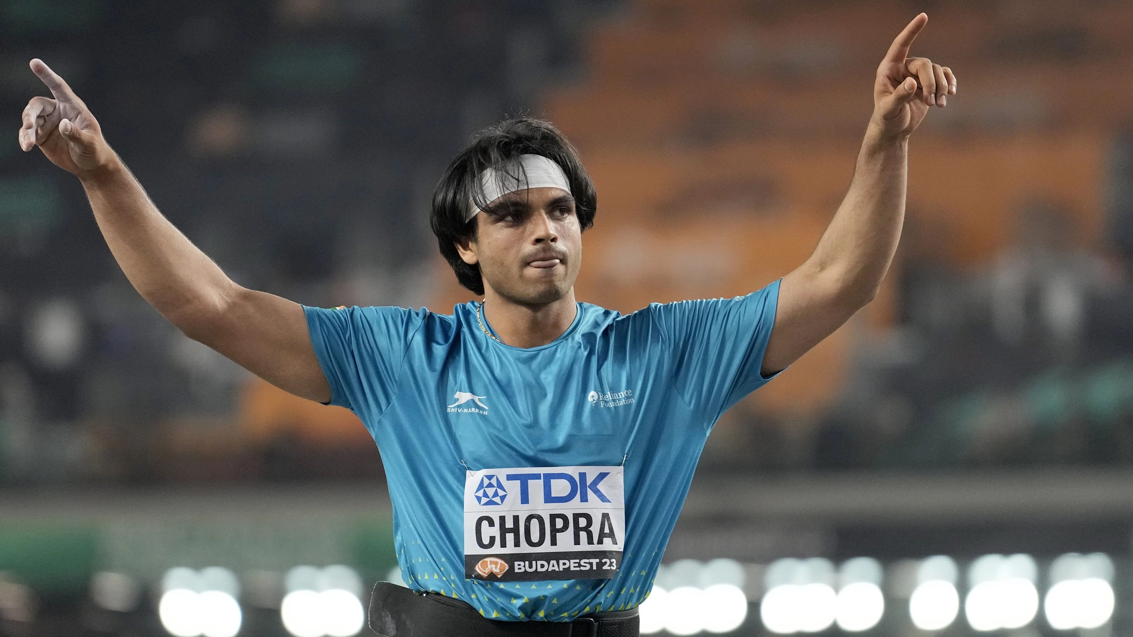 <div class="paragraphs"><p>Neeraj Chopra, of India, reacts after winning the gold medal in the Men's javelin throw final during the World Athletics Championships in Budapest, </p></div>