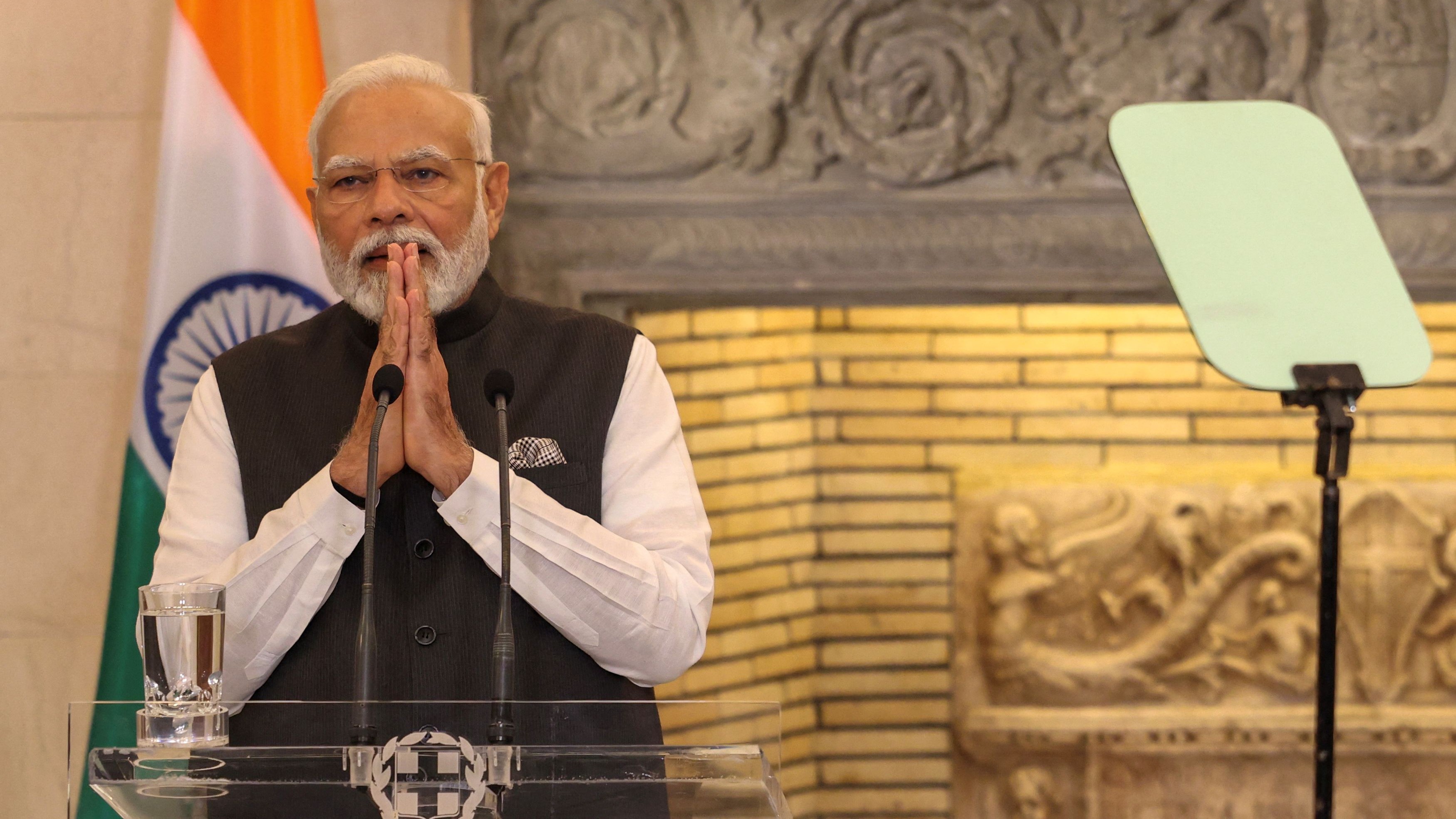 <div class="paragraphs"><p>Prime Minister Narendra Modi gestures during a joint press conference with Greek Prime Minister Kyriakos Mitsotakis at the Maximos Mansion in Athens, Greece, August 25, 2023.</p></div>