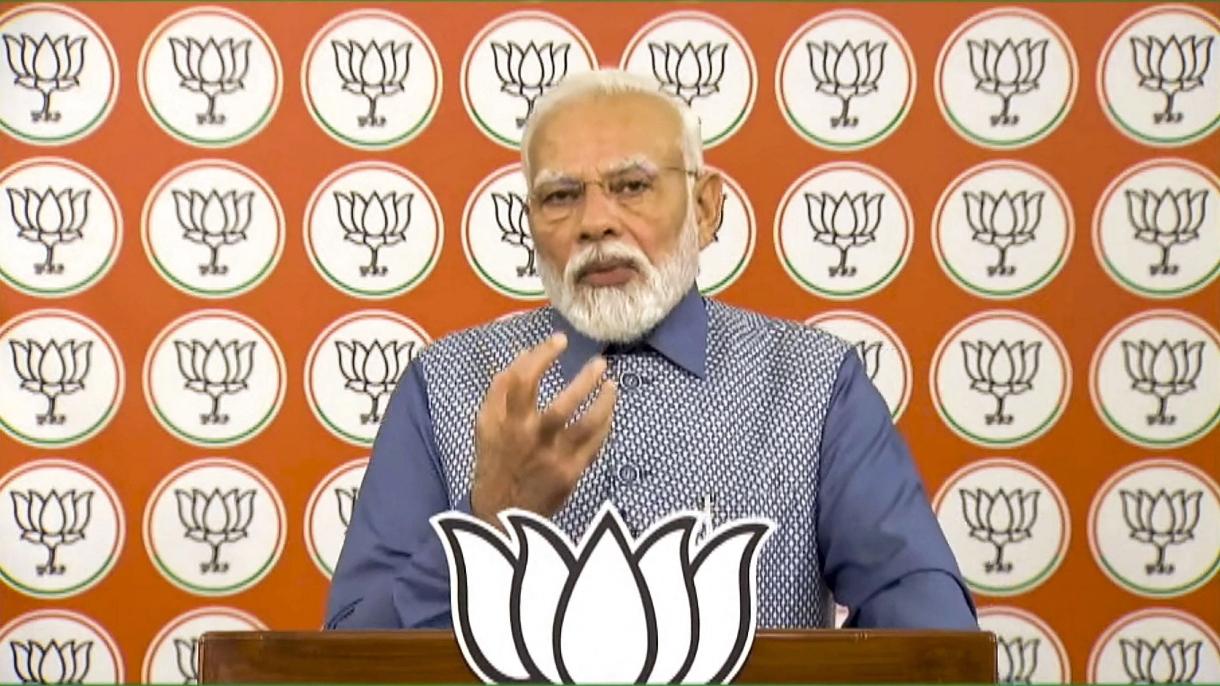 <div class="paragraphs"><p> Prime Minister Narendra Modi addresses the BJP's Zila Panchayat members' conference via video conferencing, Friday, Aug 18, 2023.</p></div>