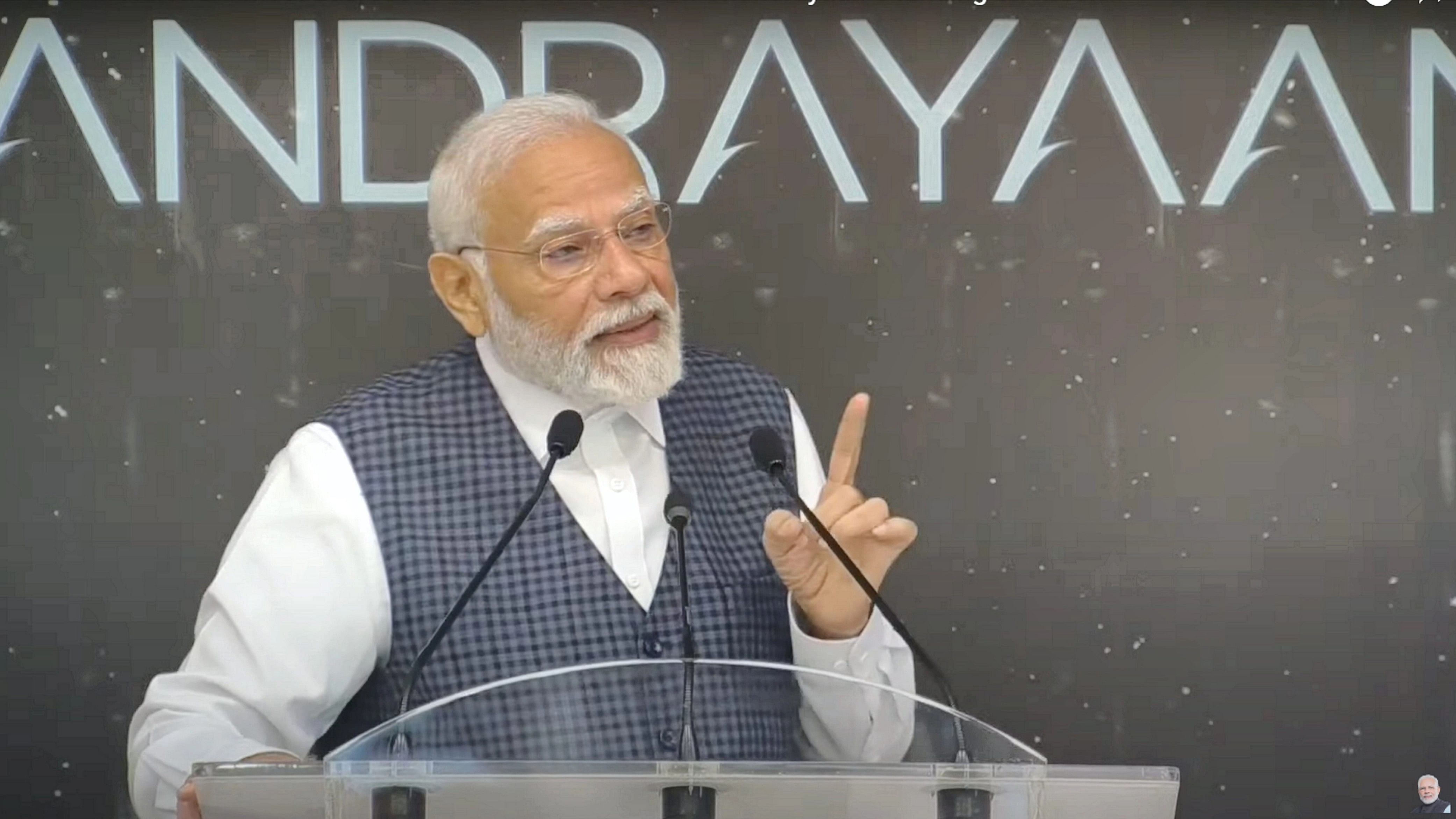 <div class="paragraphs"><p> Prime Minister Narendra Modi addresses ISRO scientists on the successful soft landing of Chandrayaan-3 on the surface of the Moon at a gathering, in Bengaluru on Saturday, August 26, 2023. </p></div>