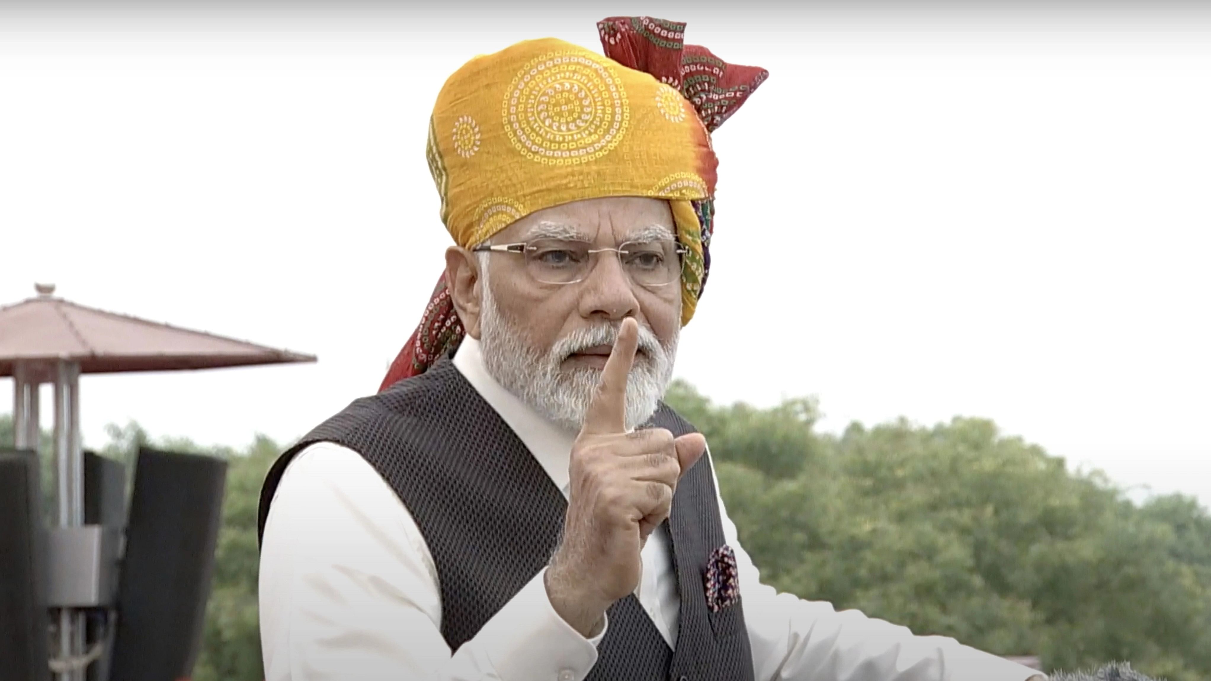 <div class="paragraphs"><p> Prime Minister Narendra Modi speaks during his address on the country's 77th Independence Day, at the historic Red Fort in New Delhi, Tuesday, Aug. 15, 2023.</p></div>