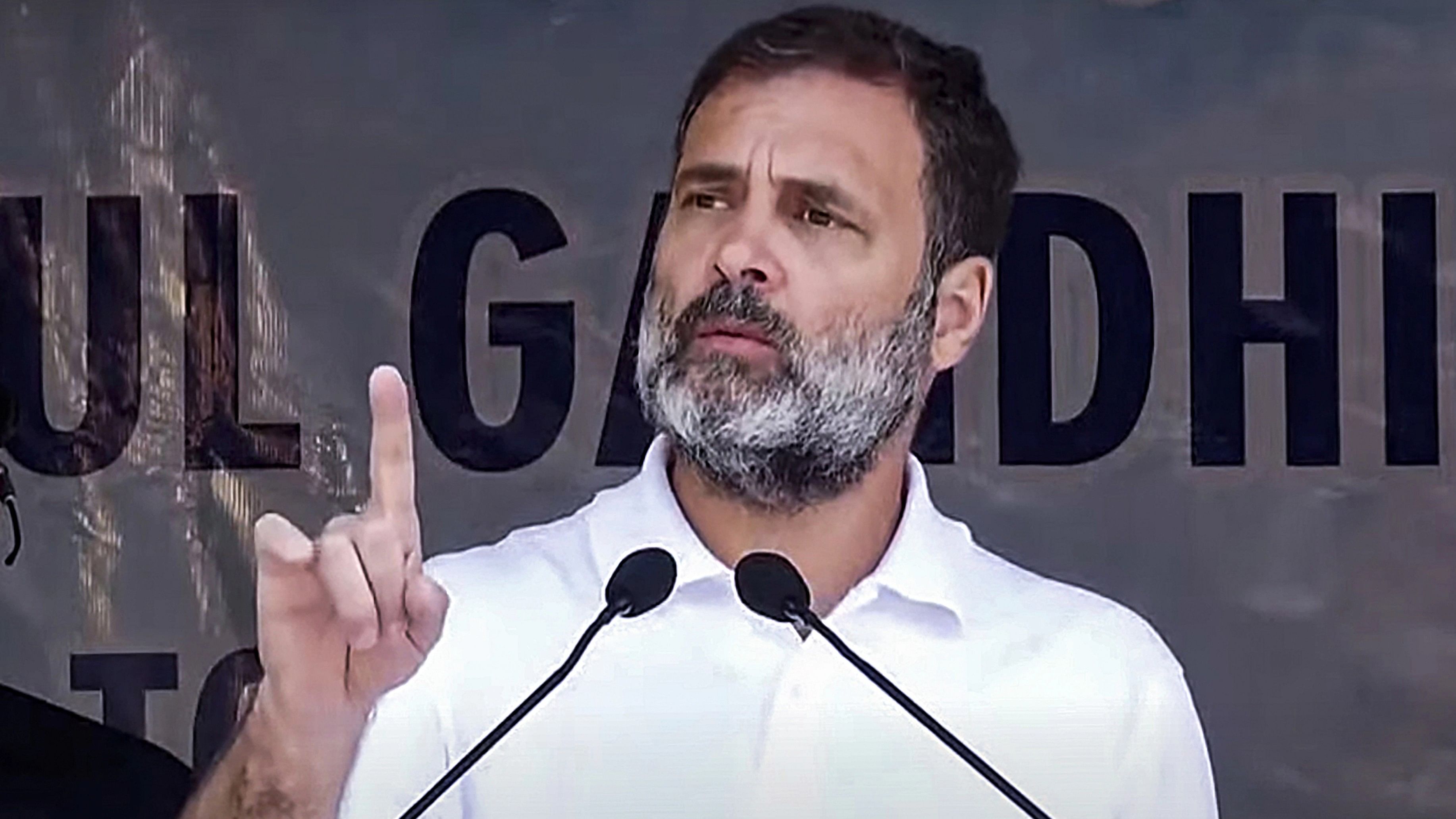 <div class="paragraphs"><p> Congress leader Rahul Gandhi addresses a public meeting, in Kargil district, Ladakh, Friday, Aug. 25, 2023. </p></div>