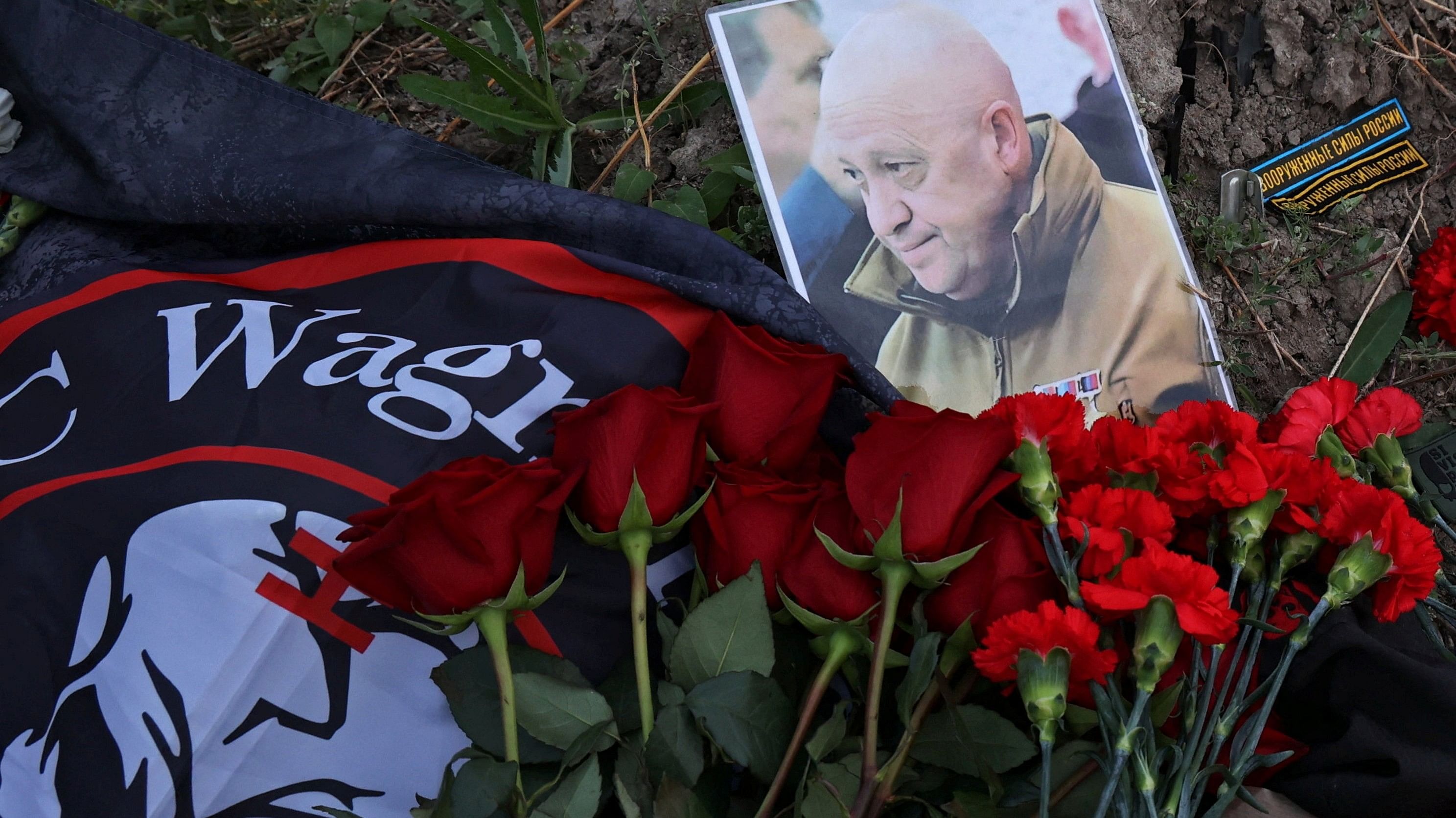 <div class="paragraphs"><p>A view shows a portrait of Wagner mercenary chief Yevgeny Prigozhin at a makeshift memorial near former PMC Wagner Centre in Saint Petersburg, Russia August 24, 2023.    </p></div>