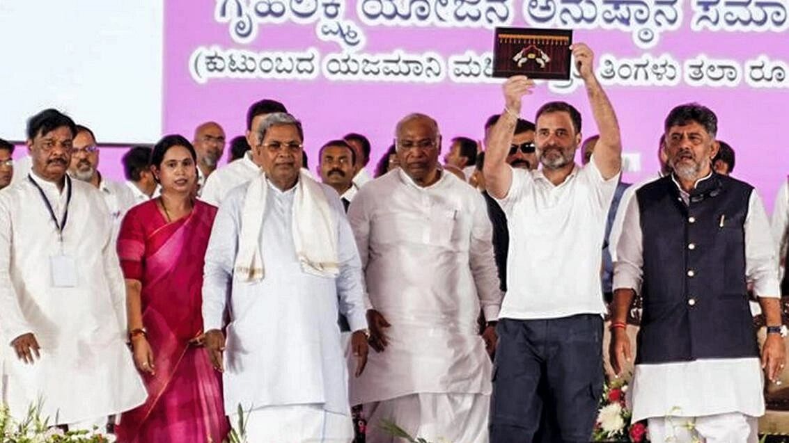 <div class="paragraphs"><p>Karnataka Chief Minister Siddaramaiah, Deputy Chief Minister DK Shivakumar, Congress President Mallikarjun Kharge, party leader Rahul Gandhi and others during the launch of 'Gruha Lakshmi' scheme, in Mysuru, Wednesday, Aug. 30, 2023.</p></div>