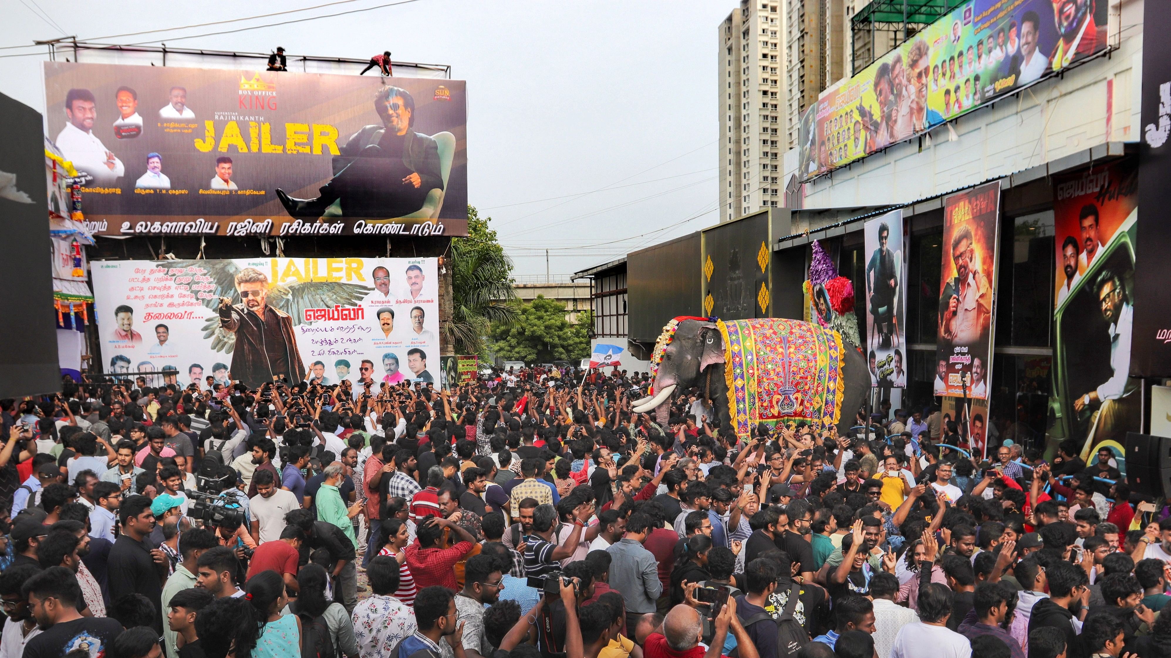 <div class="paragraphs"><p>Fans of actor Rajinikanth celebrate the release of his new movie 'Jailer' outside a movie theatre, in Chennai, Thursday, Augist 10, 2023.</p></div>