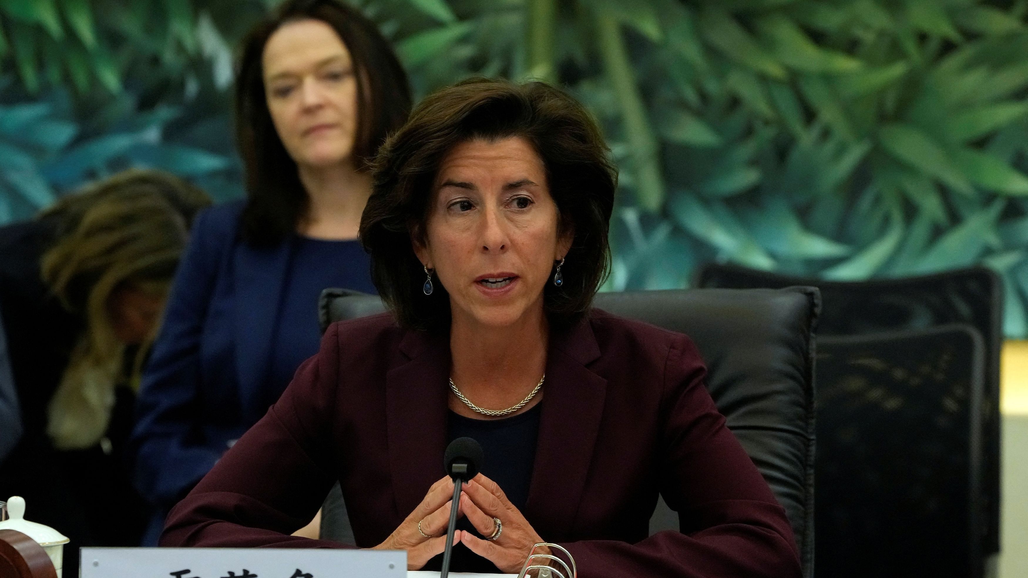 <div class="paragraphs"><p>US Commerce Secretary Gina Raimondo, right, speaks during a meeting with her Chinese counterpart Wang Wentao, at the Ministry of Commerce in Beijing, Monday, Aug 28, 2023.     </p></div>