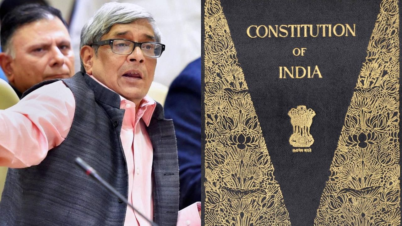 <div class="paragraphs"><p>Bibek Debroy and the cover of the Constitution of India.</p></div>