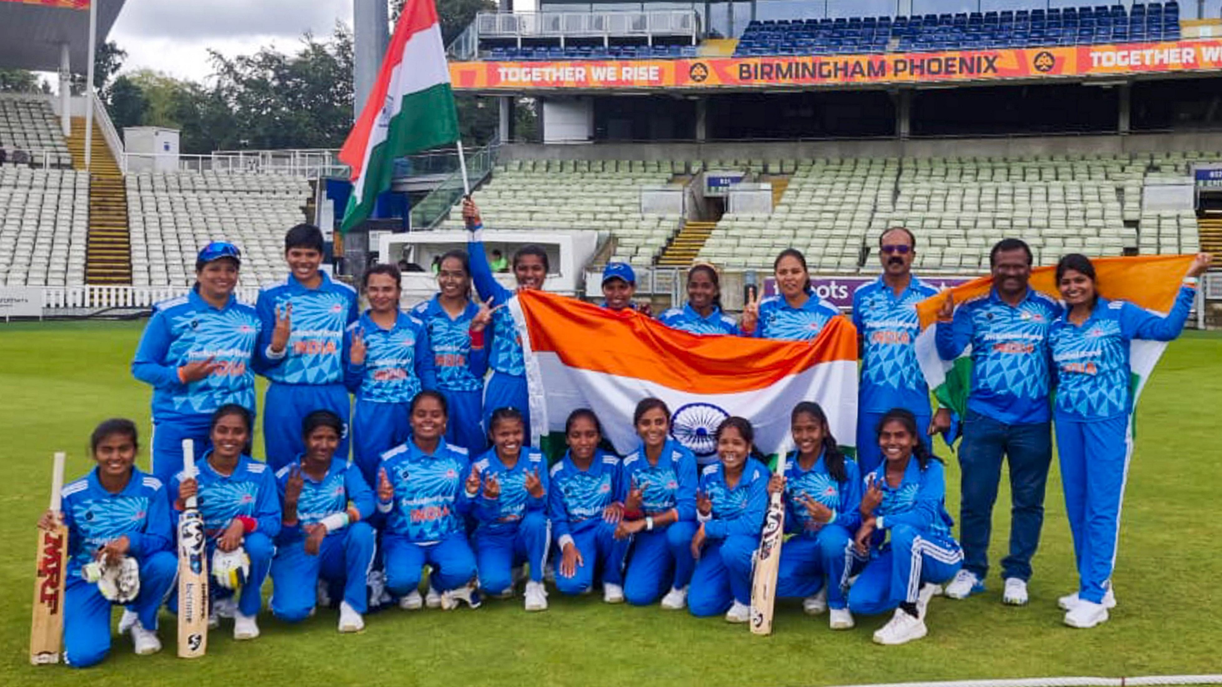 <div class="paragraphs"><p>Birmingham: Indian women's blind cricket players pose after winning gold after beating Australia by 9 wickets at World Games 2023, in Birmingham, Saturday, Aug 26, 2023.</p></div>