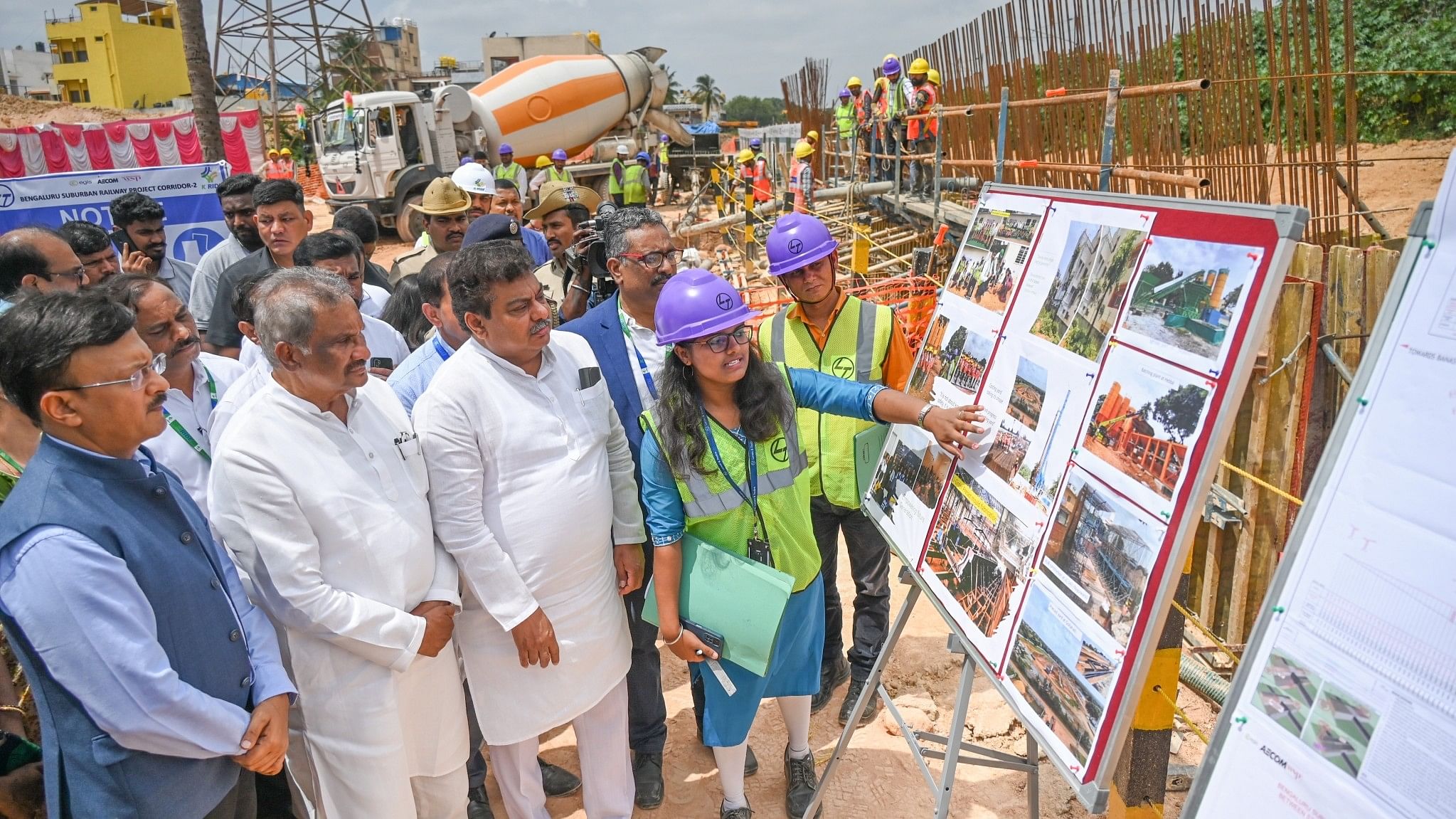 <div class="paragraphs"><p>Ministers MB Patil and KJ George inspect the work site at Lingarajapuram on Friday.&nbsp;Gaurav Gupta, Additional Chief Secretary, Infrastructure Department, and K-RIDE officials were present. </p></div>