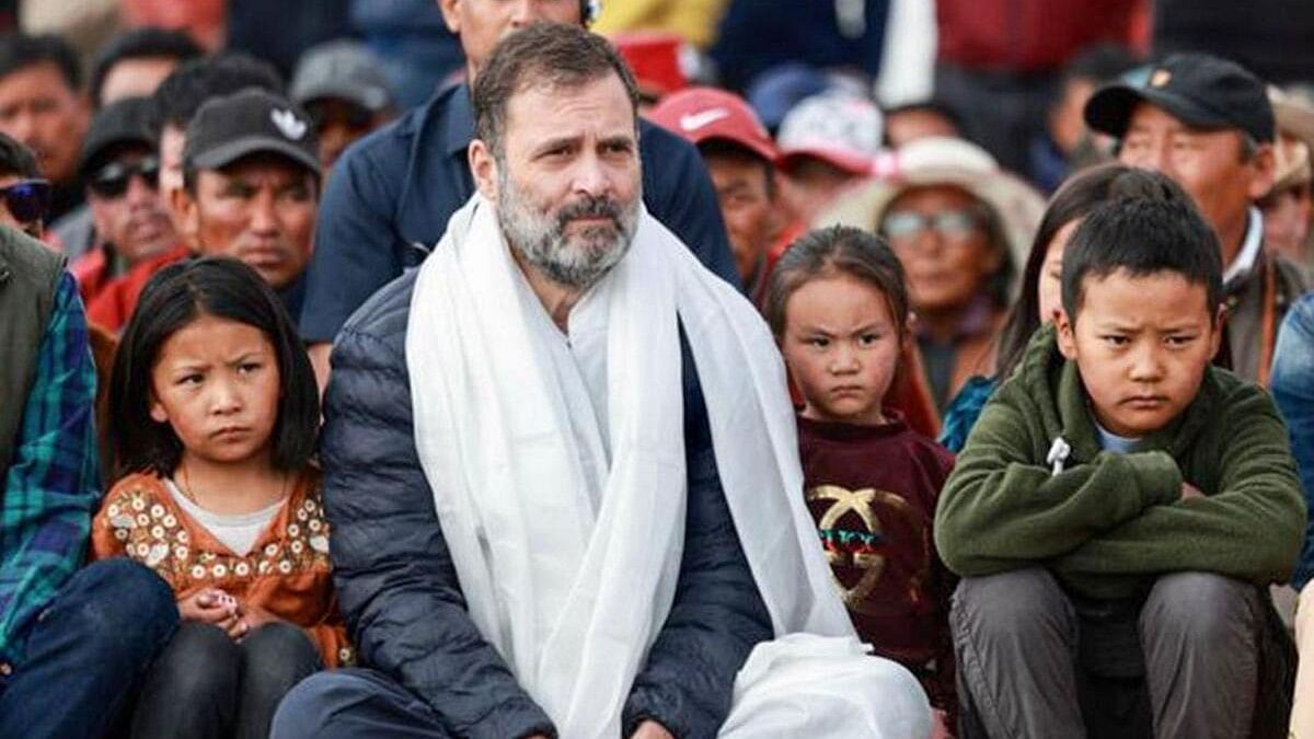 <div class="paragraphs"><p>Congress leader Rahul Gandhi during a prayer meeting for former prime minister Rajiv Gandhi on his 79th birth anniversary near Pangong Lake, in Leh, Sunday, Aug. 20, 2023.</p></div>