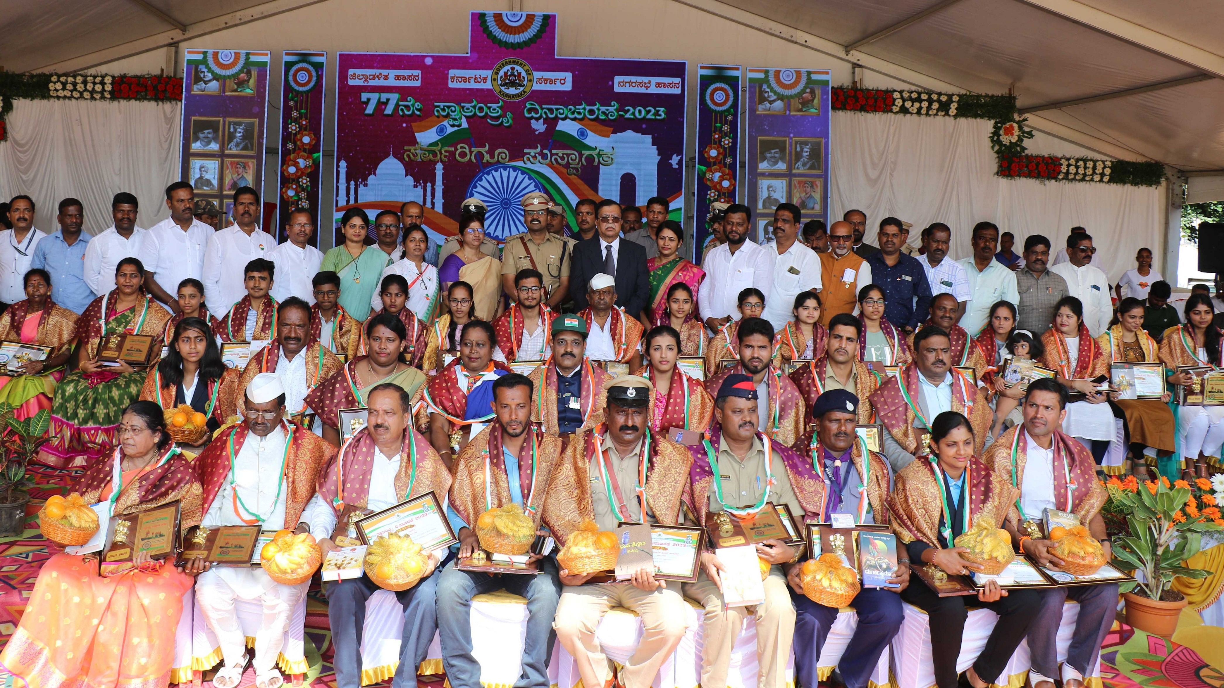 <div class="paragraphs"><p>Achievers in various fields were felicitated during the Independence Day celebrations, in Hassan on Tuesday. District In-charge Minister K N Rajanna and other officials are seen. </p></div>
